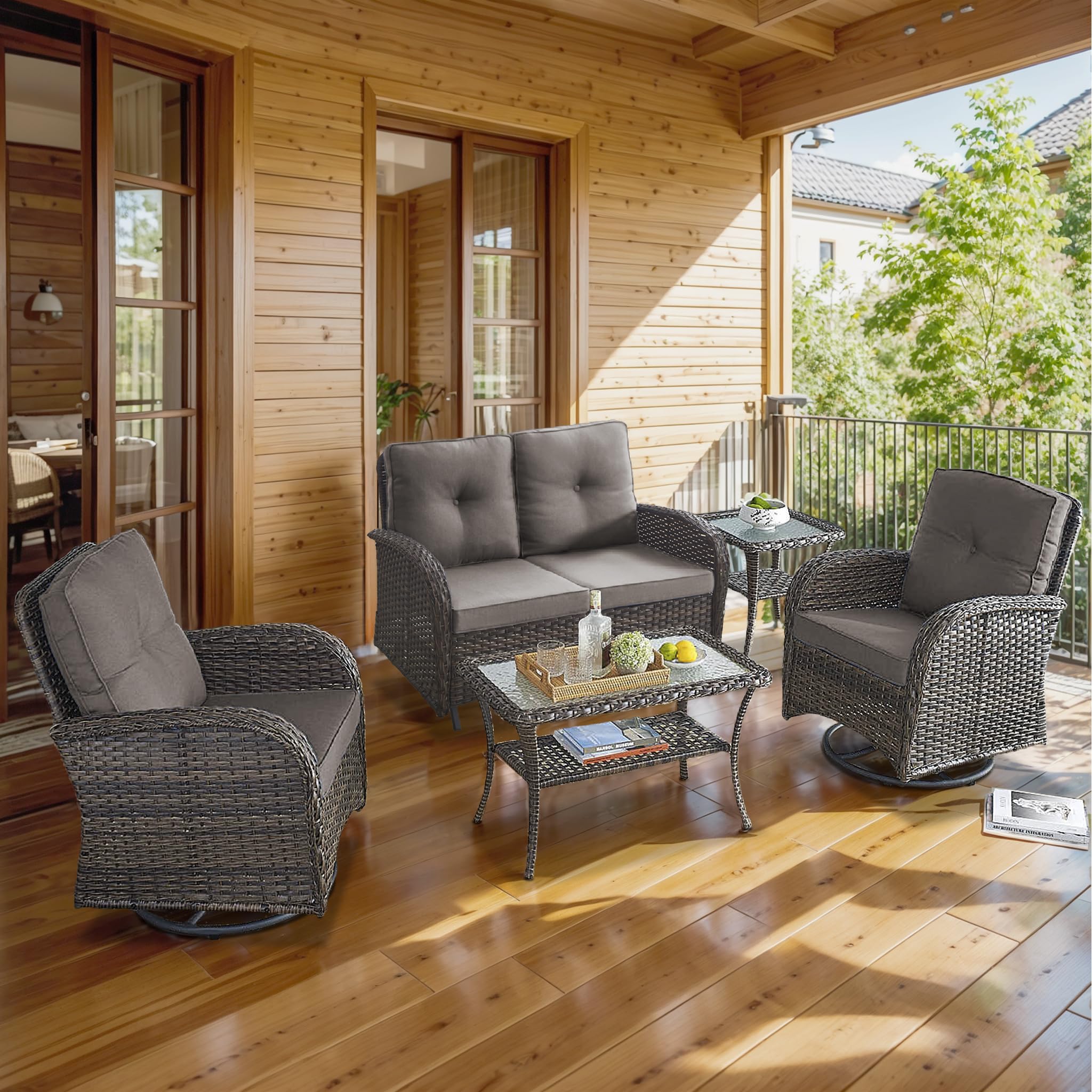 2 in 1 Porch Glider Swivel Chair - Wicker Patio Furniture Outdoor Swivel Rocker Chair with Thick Cushion, 300 Lb Weight Capacity Patio Swivel Glider Seating - Brown Wicker, Grey Cushion