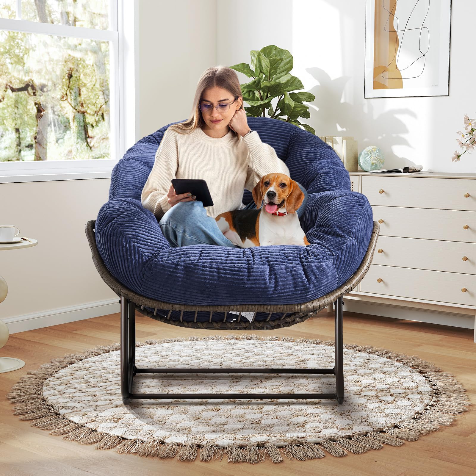Large Indoor Outdoor Rocking Chair, Oversized Rocking Papasan Chair with Thick Cushion and Frame Outdoor Rocker, Comfy Wicker Egg Chairs Lounge for Outside Porch Patio Backyard Balcony (Beige)