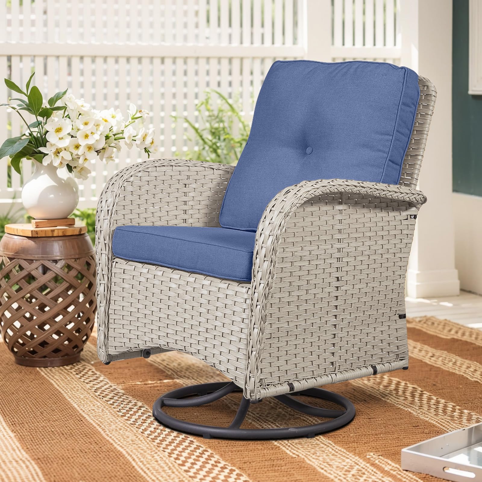 2 in 1 Porch Glider Swivel Chair - Wicker Patio Furniture Outdoor Swivel Rocker Chair with Thick Cushion, 300 Lb Weight Capacity Patio Swivel Glider Seating - Brown Wicker, Grey Cushion