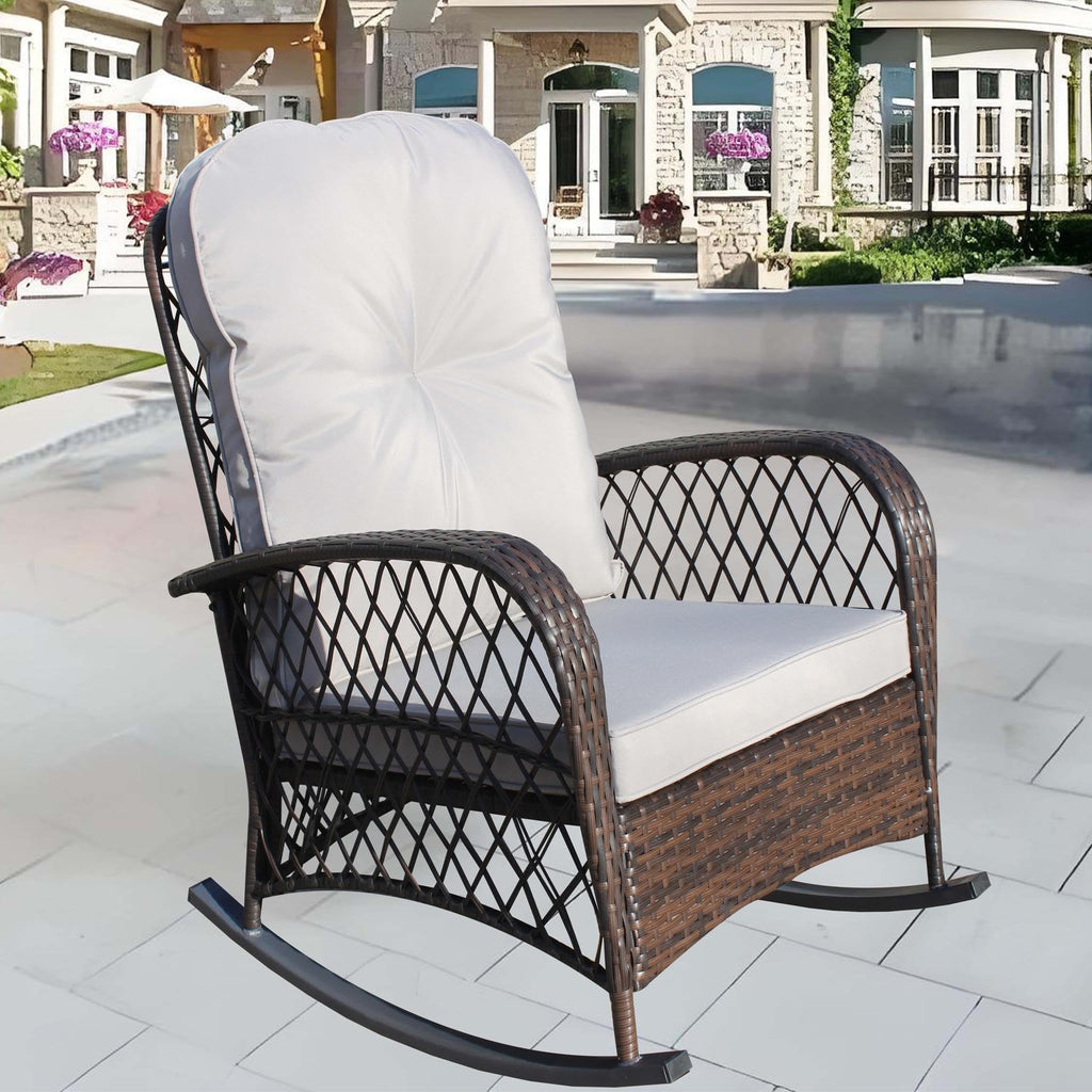 Wicker Rocking Chairs for Outdoors, Oversized Rattan Porch Rocker Chair with Padded Seat & Back Cushions,Patio Chairs Rocking Chairs for Balcony,Porch,Backyard,Deck (Brown+Cream)