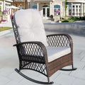 Wicker Rocking Chairs for Outdoors, Oversized Rattan Porch Rocker Chair with Padded Seat & Back Cushions,Patio Chairs Rocking Chairs for Balcony,Porch,Backyard,Deck (Brown+Cream)