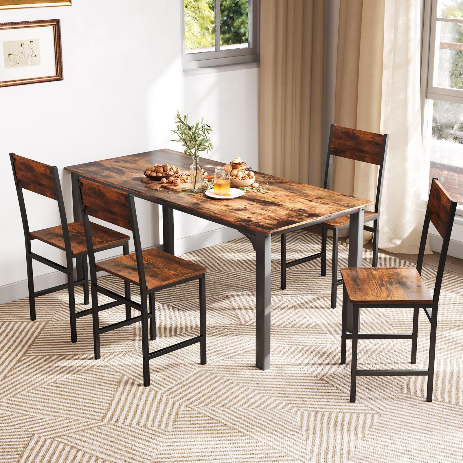 Giantex Metal Dining Chairs Set of 4, Kitchen Chairs with Metal Legs, Slanted Back, Rustic Wood Grain, Armless Dining Room Chairs for Home, Restaurant, Living Room, Oak Grey