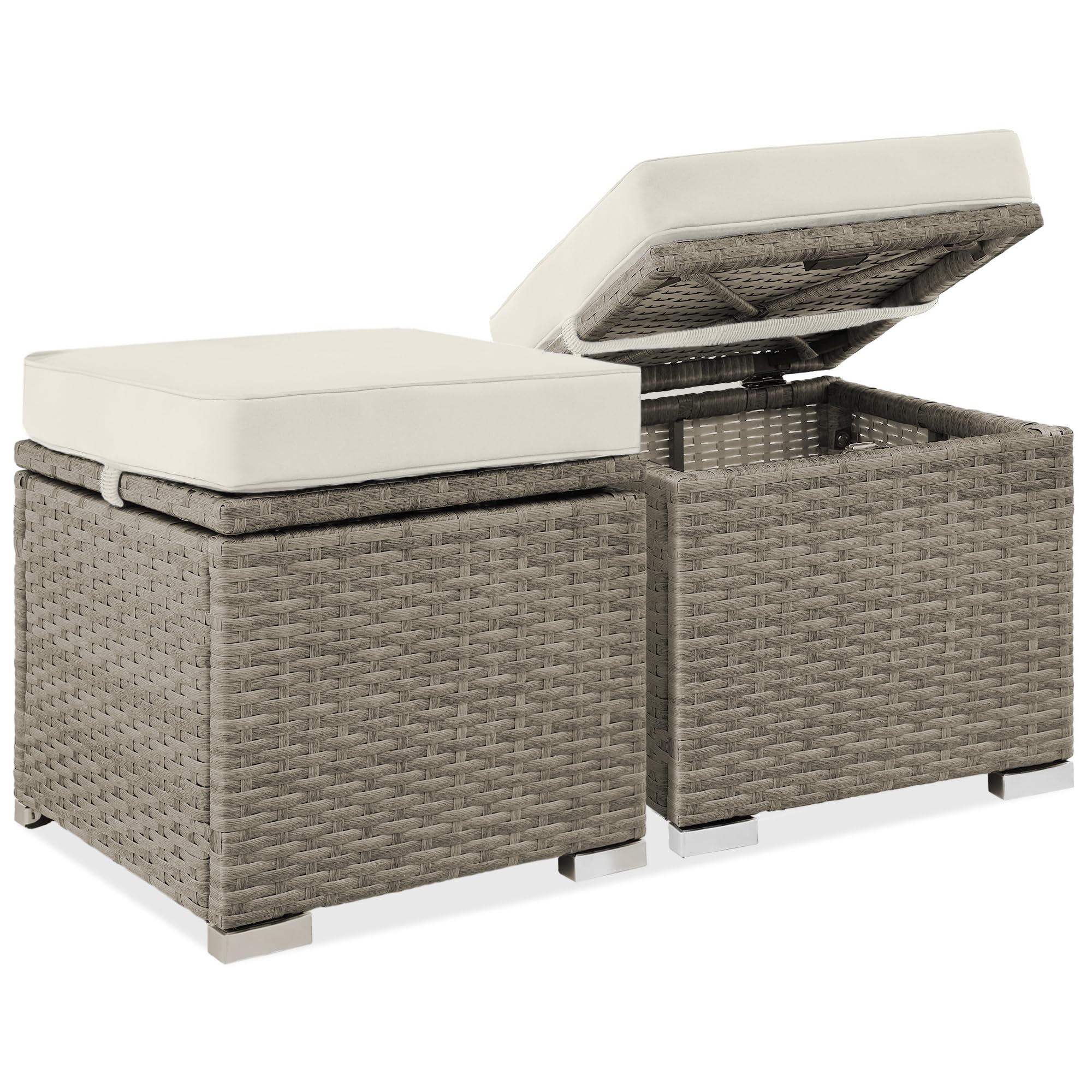 Best Choice Products Set of 2 Wicker Ottomans, Multipurpose Outdoor Furniture for Patio, Backyard, Additional Seating, Footrest, Side Table w/Storage, Removable Cushions - Gray/Black