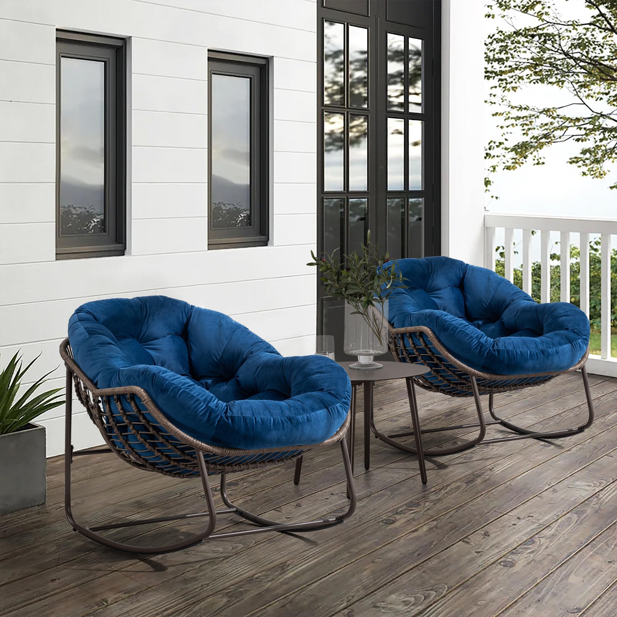 Large Indoor Outdoor Rocking Chair, Oversized Rocking Papasan Chair with Thick Cushion and Frame Outdoor Rocker, Comfy Wicker Egg Chairs Lounge for Outside Porch Patio Backyard Balcony (Beige)