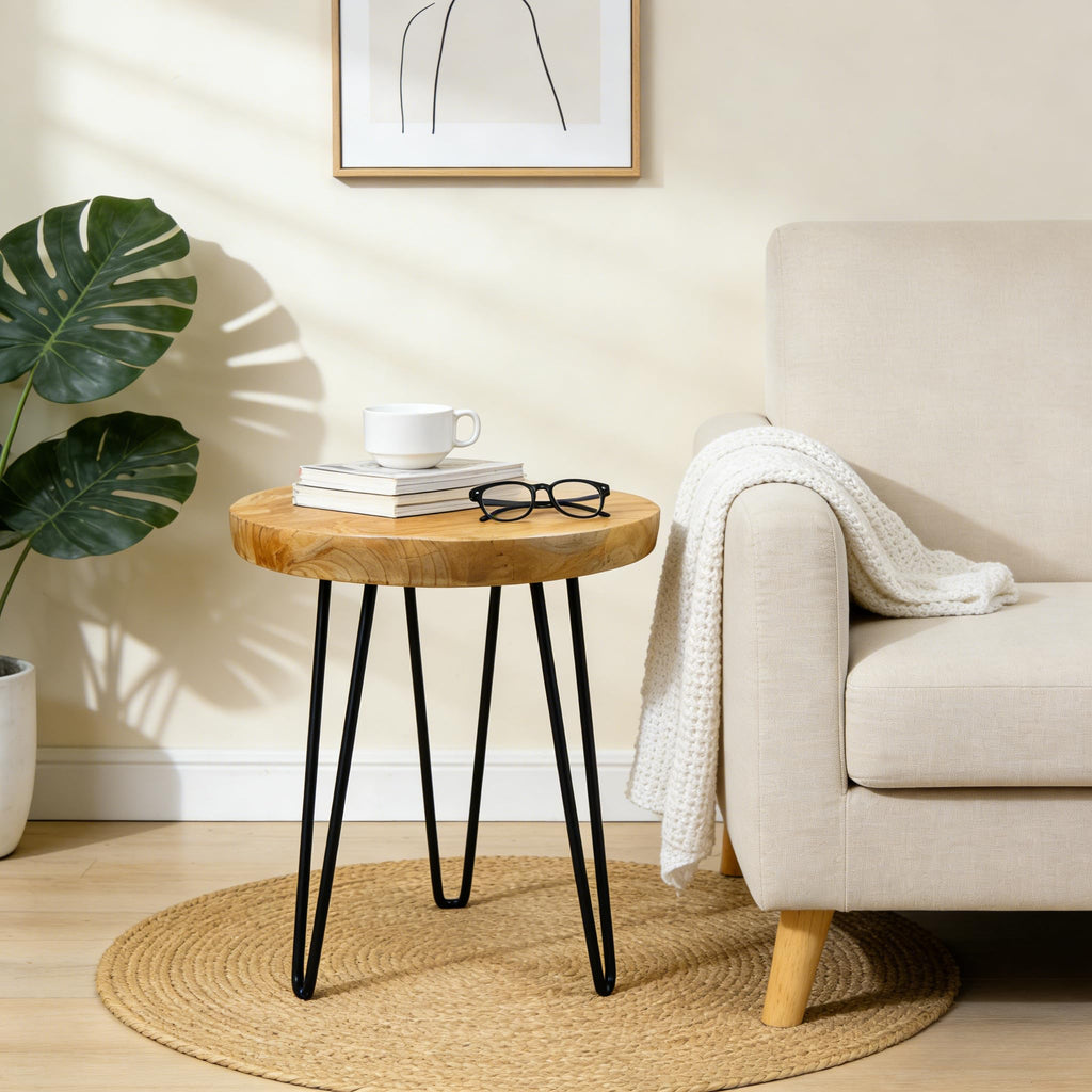 Rustic Solid Wood Live Edge Style End Table, Natural Wood Side Table with Hairpin Legs, Small Irregular Side Table for Living Room, Bedroom, Farmhouse Decor, 16" L x 12" W x 17" H