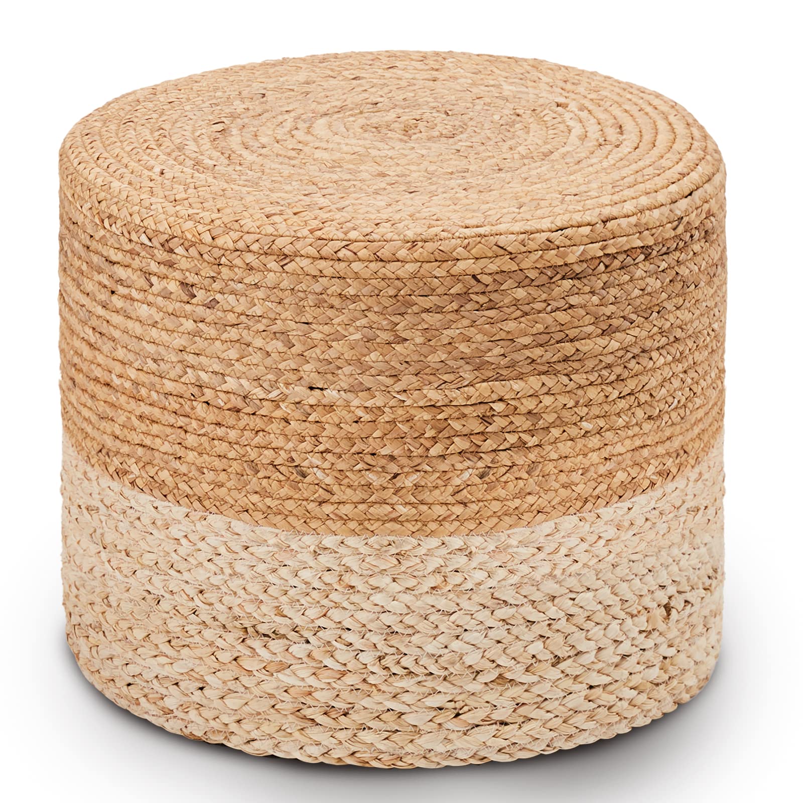 Wimarsbon Natural Seagrass Foot Stool, Hand Weaving Round Ottoman, for Living Room, Outdoor Seat (Natural & Blue)