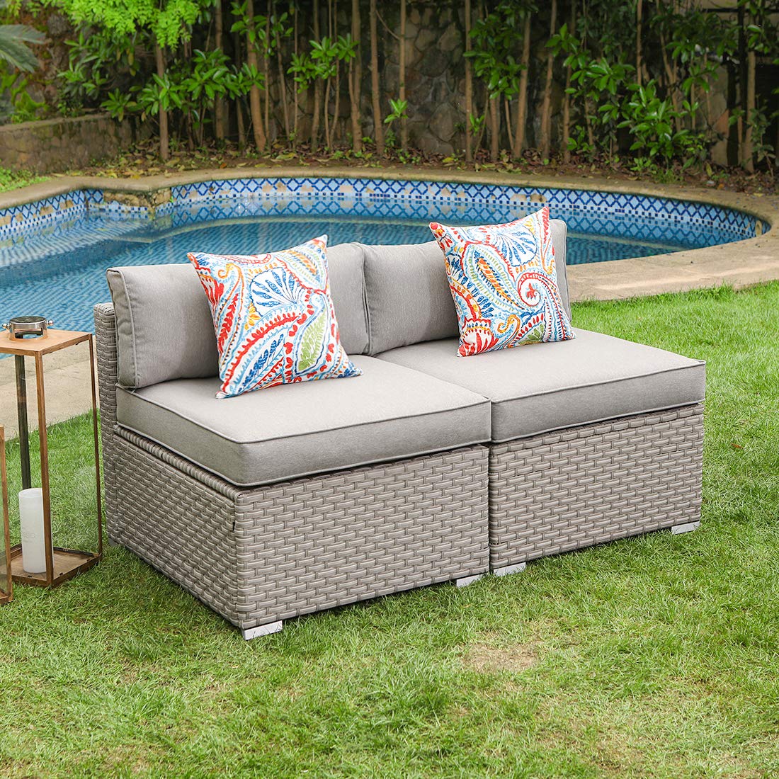 COSIEST All-Weather Patio Chair, Single Brown Wicker Chair with Thick Gray Cushions & Teal Pillow, Outdoor Rocking Chair for Porch, Garden, Poolside