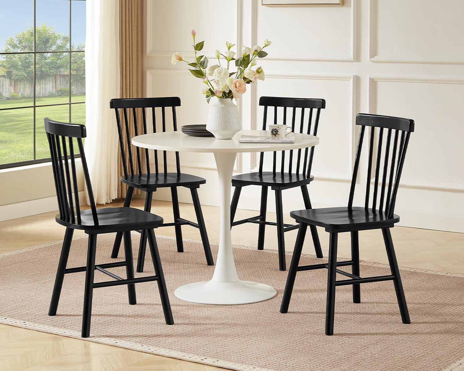 PrimeZone Windsor Dining Chairs Set of 2 - Solid Rubber Wood Farmhouse Kitchen Chair with Spindle Back, Mid-Century Modern Side Dining Chair for Dining Room, Kitchen & Restaurant, Black