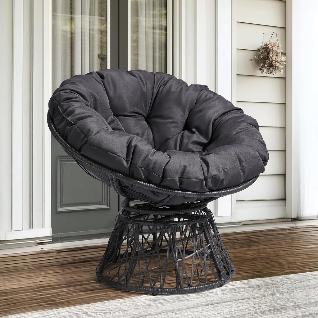VINGLI Outdoor Papasan Chairs with Thick Cushions 360 Degree Swivel Chair, Patio Chairs Lounge Chair Rading Chair for Balcony, Yard, Porch (Black)