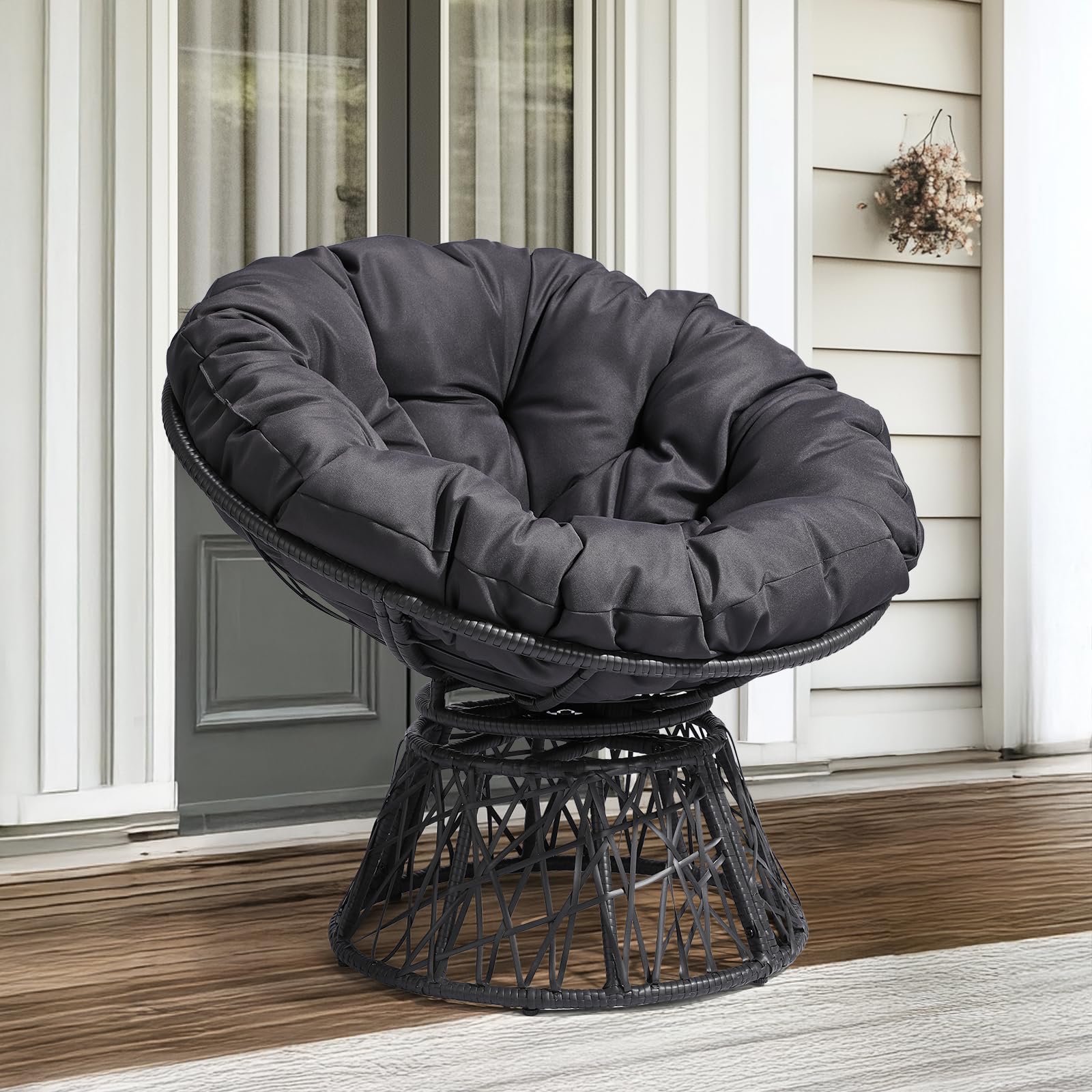 VINGLI Outdoor Papasan Chairs with Thick Cushions 360 Degree Swivel Chair, Patio Chairs Lounge Chair Rading Chair for Balcony, Yard, Porch (Black)