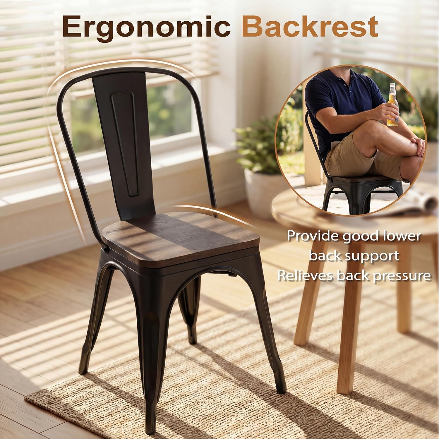 JUMMICO Metal Dining Chair Stackable Industrial Vintage Kitchen Chairs Indoor-Outdoor Bistro Cafe Side Chairs with Back and Wooden Seat Set of 4 (Black)