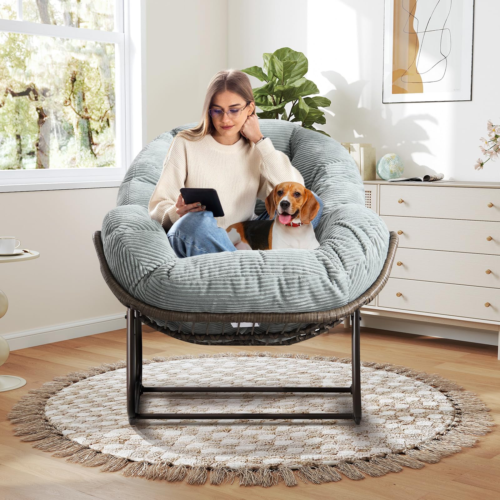 Large Indoor Outdoor Rocking Chair, Oversized Rocking Papasan Chair with Thick Cushion and Frame Outdoor Rocker, Comfy Wicker Egg Chairs Lounge for Outside Porch Patio Backyard Balcony (Beige)