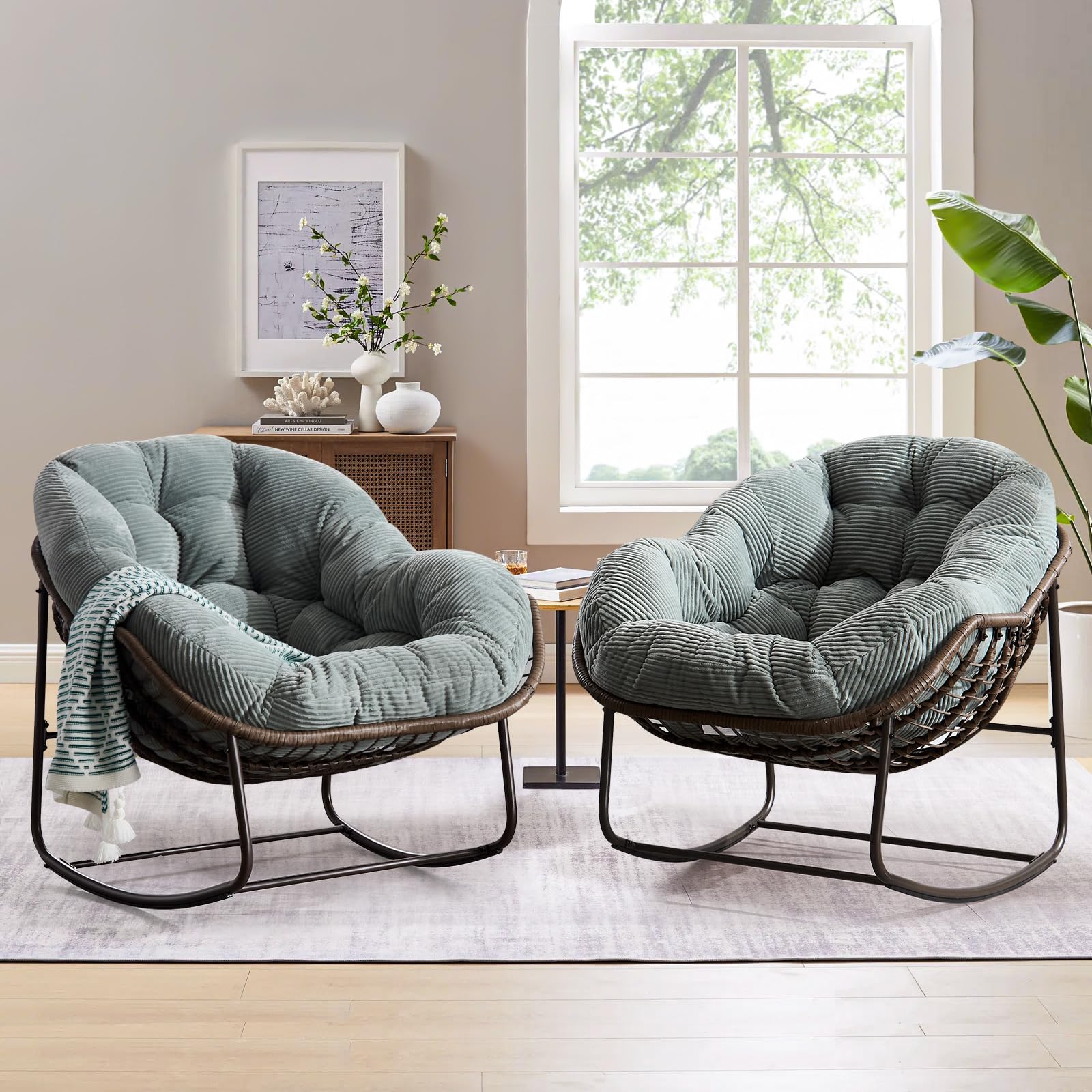 Large Indoor Outdoor Rocking Chair, Oversized Rocking Papasan Chair with Thick Cushion and Frame Outdoor Rocker, Comfy Wicker Egg Chairs Lounge for Outside Porch Patio Backyard Balcony (Beige)