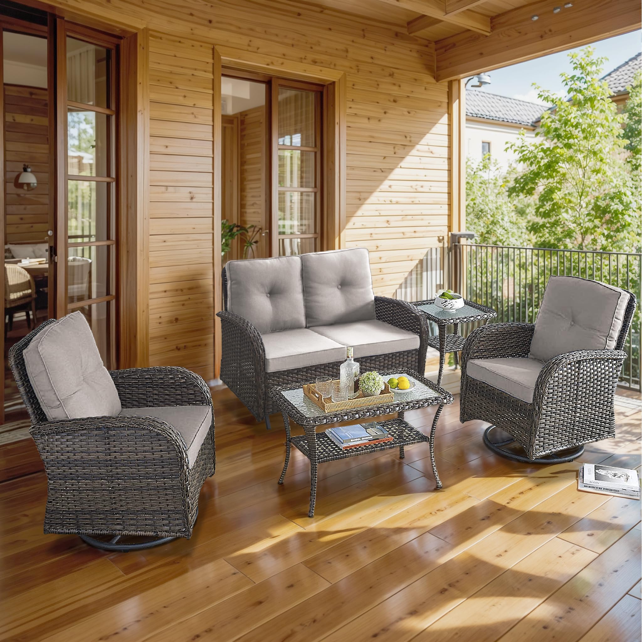 2 in 1 Porch Glider Swivel Chair - Wicker Patio Furniture Outdoor Swivel Rocker Chair with Thick Cushion, 300 Lb Weight Capacity Patio Swivel Glider Seating - Brown Wicker, Grey Cushion