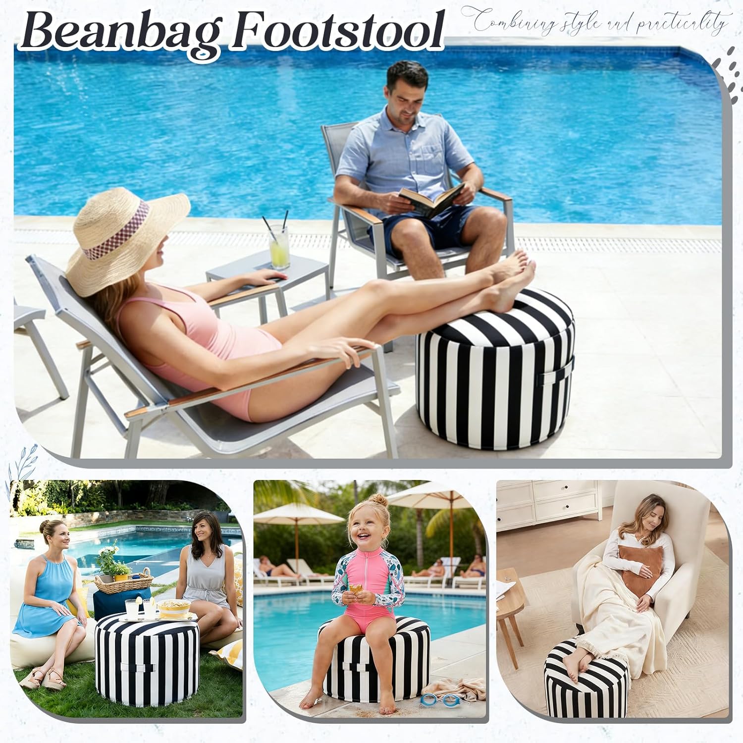 Black White Striped Round Patio Pouf Colorfast Fabric Footstool with Handle