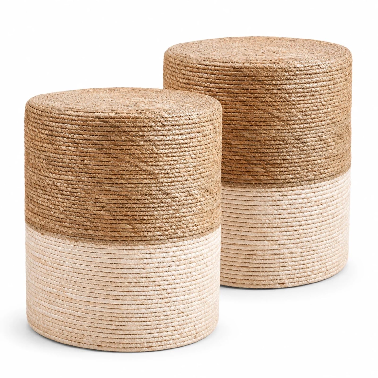 Wimarsbon Natural Seagrass Foot Stool, Hand Weaving Round Ottoman, for Living Room, Outdoor Seat (Natural & Blue)