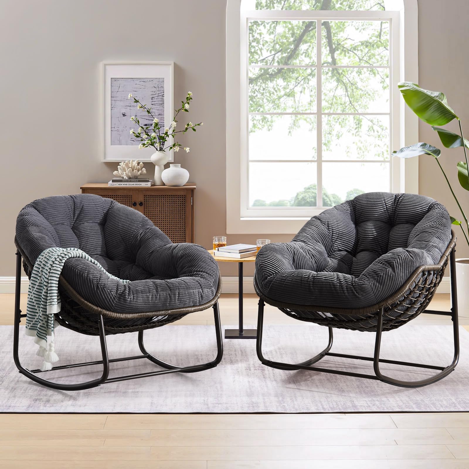 Large Indoor Outdoor Rocking Chair, Oversized Rocking Papasan Chair with Thick Cushion and Frame Outdoor Rocker, Comfy Wicker Egg Chairs Lounge for Outside Porch Patio Backyard Balcony (Beige)