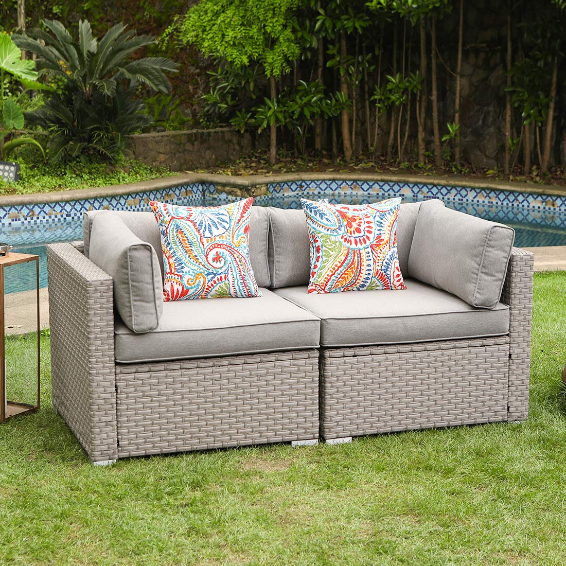 COSIEST All-Weather Patio Chair, Single Brown Wicker Chair with Thick Gray Cushions & Teal Pillow, Outdoor Rocking Chair for Porch, Garden, Poolside