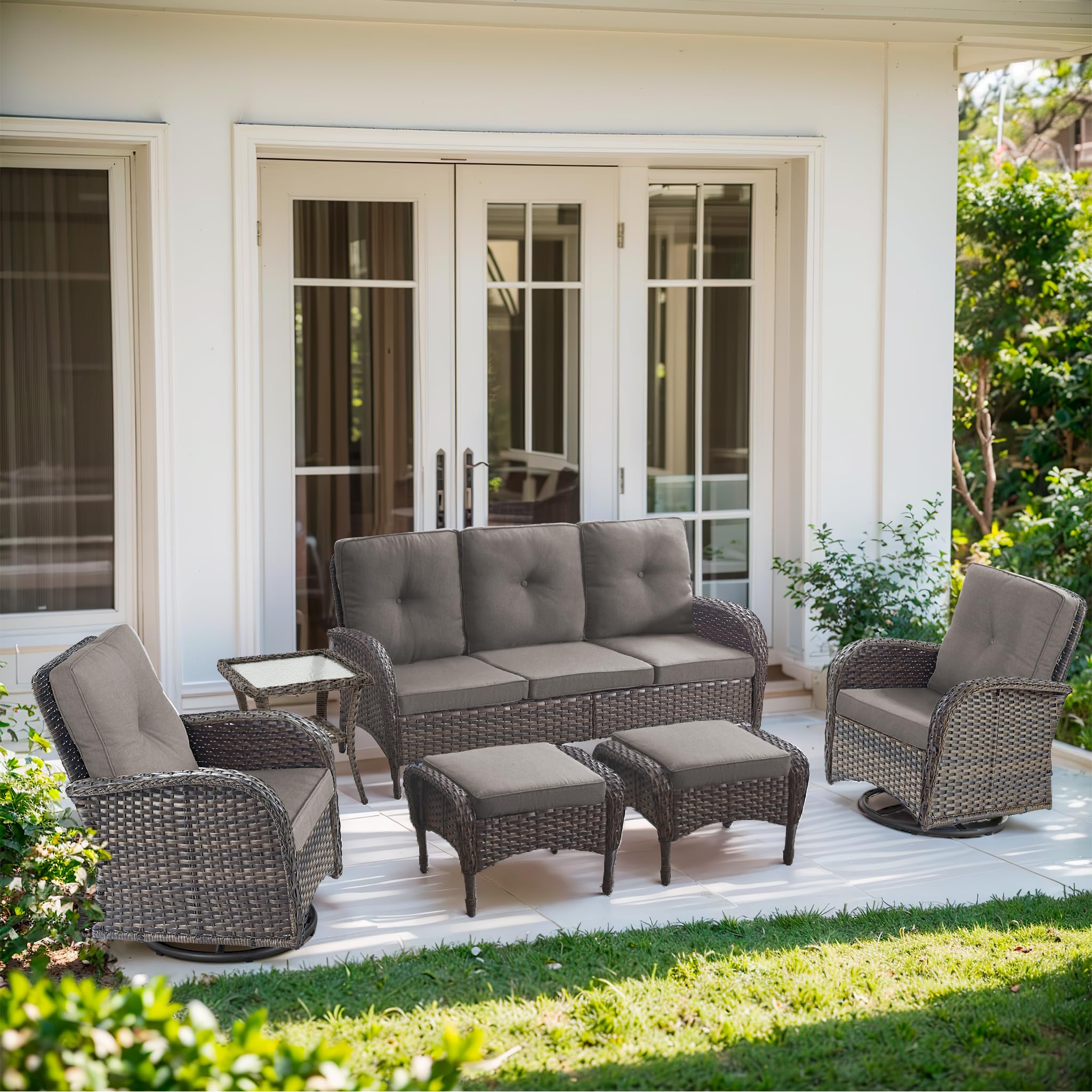 2 in 1 Porch Glider Swivel Chair - Wicker Patio Furniture Outdoor Swivel Rocker Chair with Thick Cushion, 300 Lb Weight Capacity Patio Swivel Glider Seating - Brown Wicker, Grey Cushion