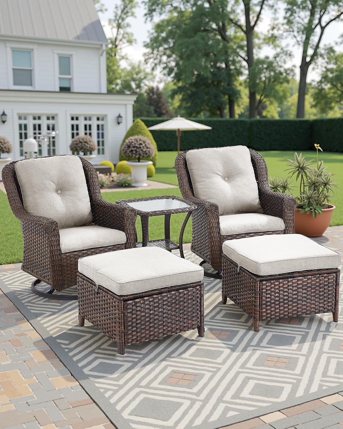 Patio Ottoman Outdoor Wicker Side Table - 2PCS Multipurpose Heavy Duty All-Weather Brown Rattan Extra Seating Bench Footrest Footstool for Garden Back Porch Poolside Apartment - Beige
