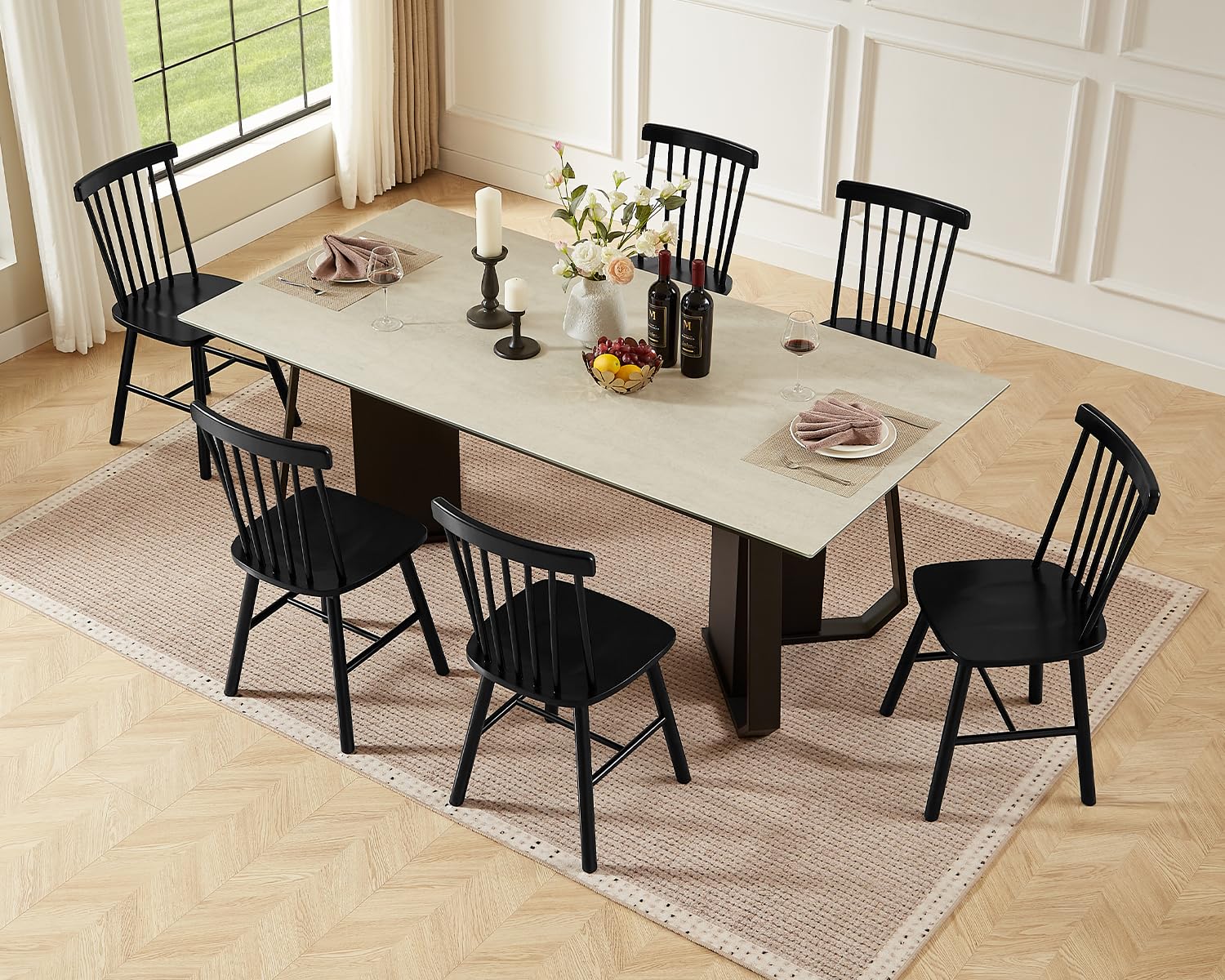PrimeZone Windsor Dining Chairs Set of 2 - Solid Rubber Wood Farmhouse Kitchen Chair with Spindle Back, Mid-Century Modern Side Dining Chair for Dining Room, Kitchen & Restaurant, Black