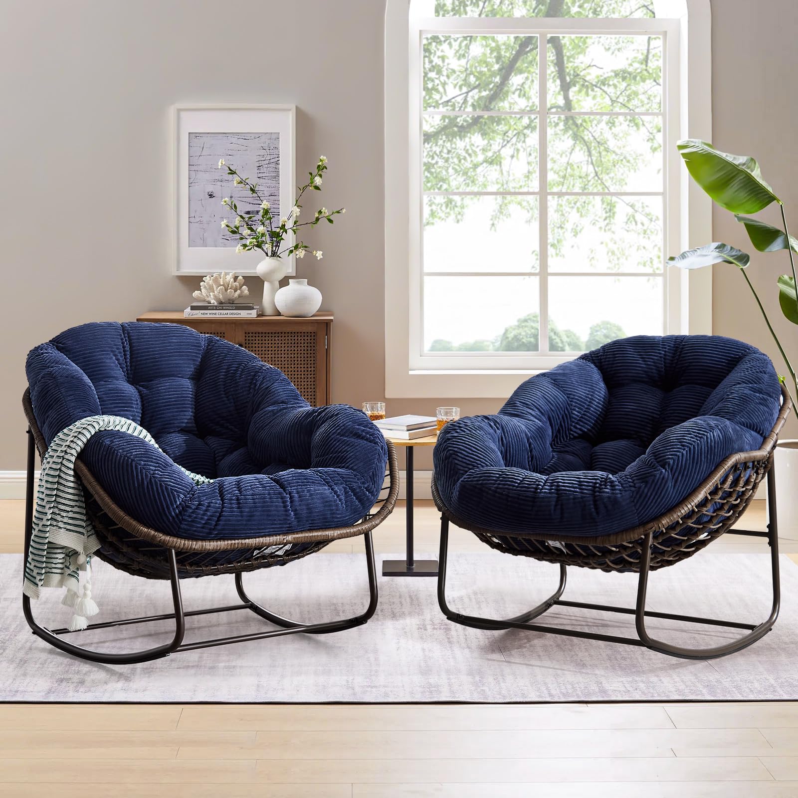 Large Indoor Outdoor Rocking Chair, Oversized Rocking Papasan Chair with Thick Cushion and Frame Outdoor Rocker, Comfy Wicker Egg Chairs Lounge for Outside Porch Patio Backyard Balcony (Beige)