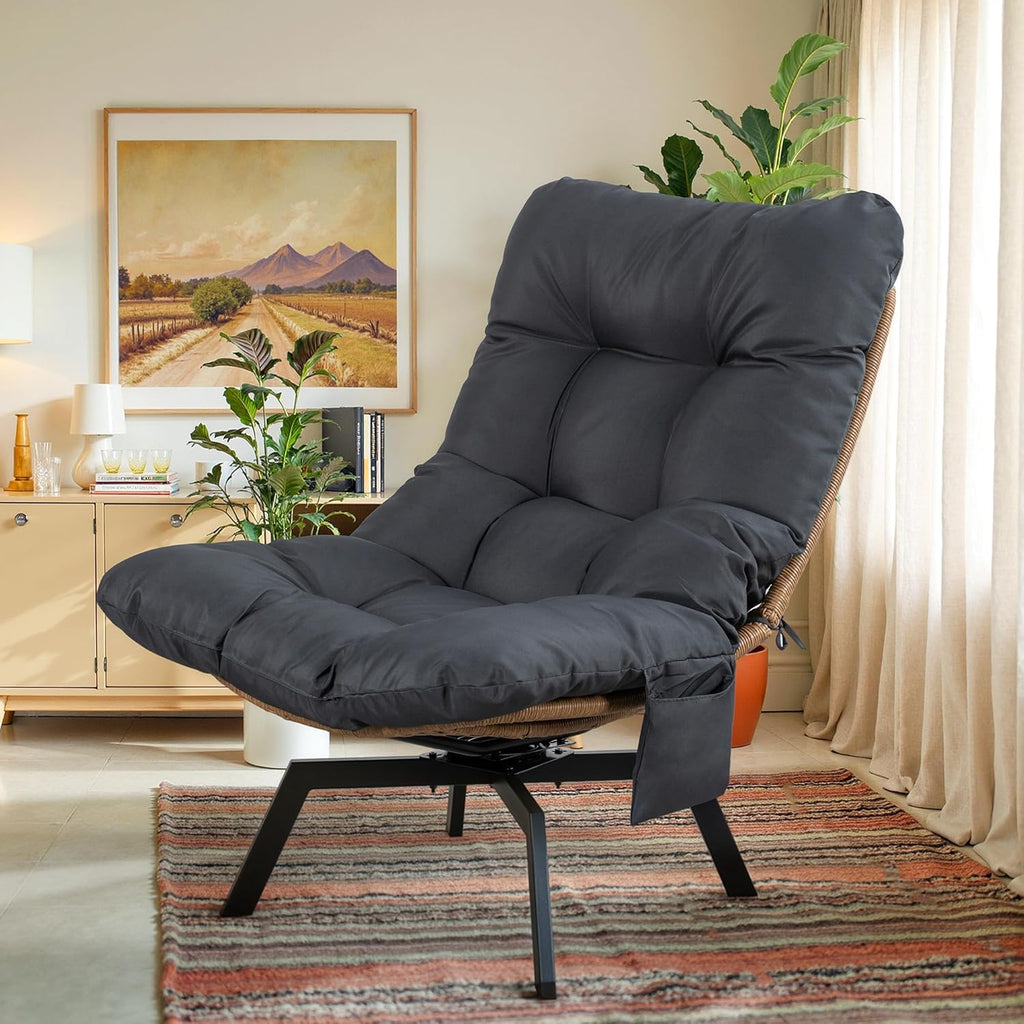 Vongrasig Swivel Wicker Chair PE Rattan Chair with Cushion, Oversized Patio Lounge Chair for Outdoor, Indoor, Balcony, Backyard, Garden, Living Room, Black