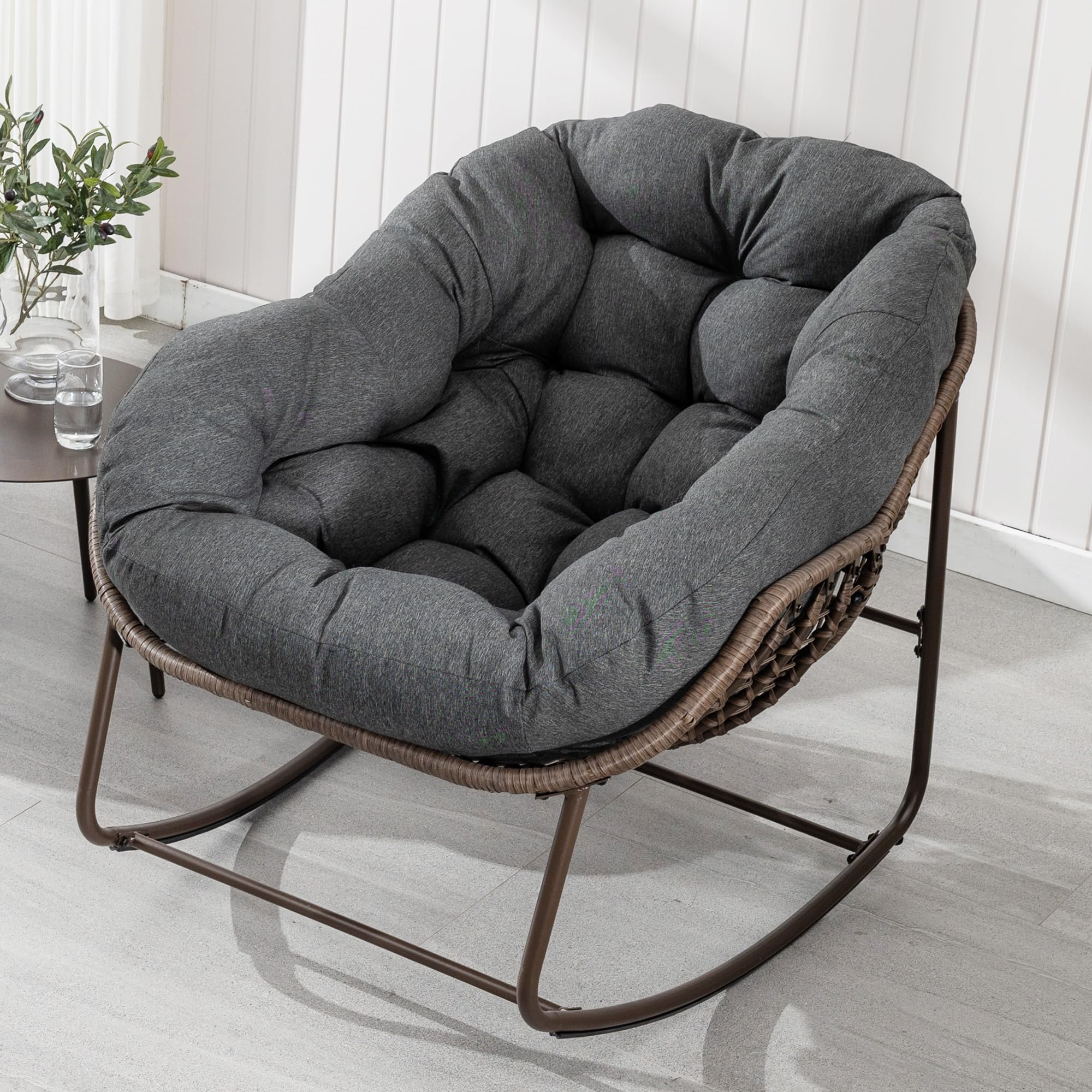 Oversized Papasan Rocking Chair - Outdoor Luxury Comfy Patio Chair, Indoor Egg Royal Rattan Rocking Chair with Strip Velvet Cushion for Front Porch Lounge Lawn Bedroom Living Room (Navy)