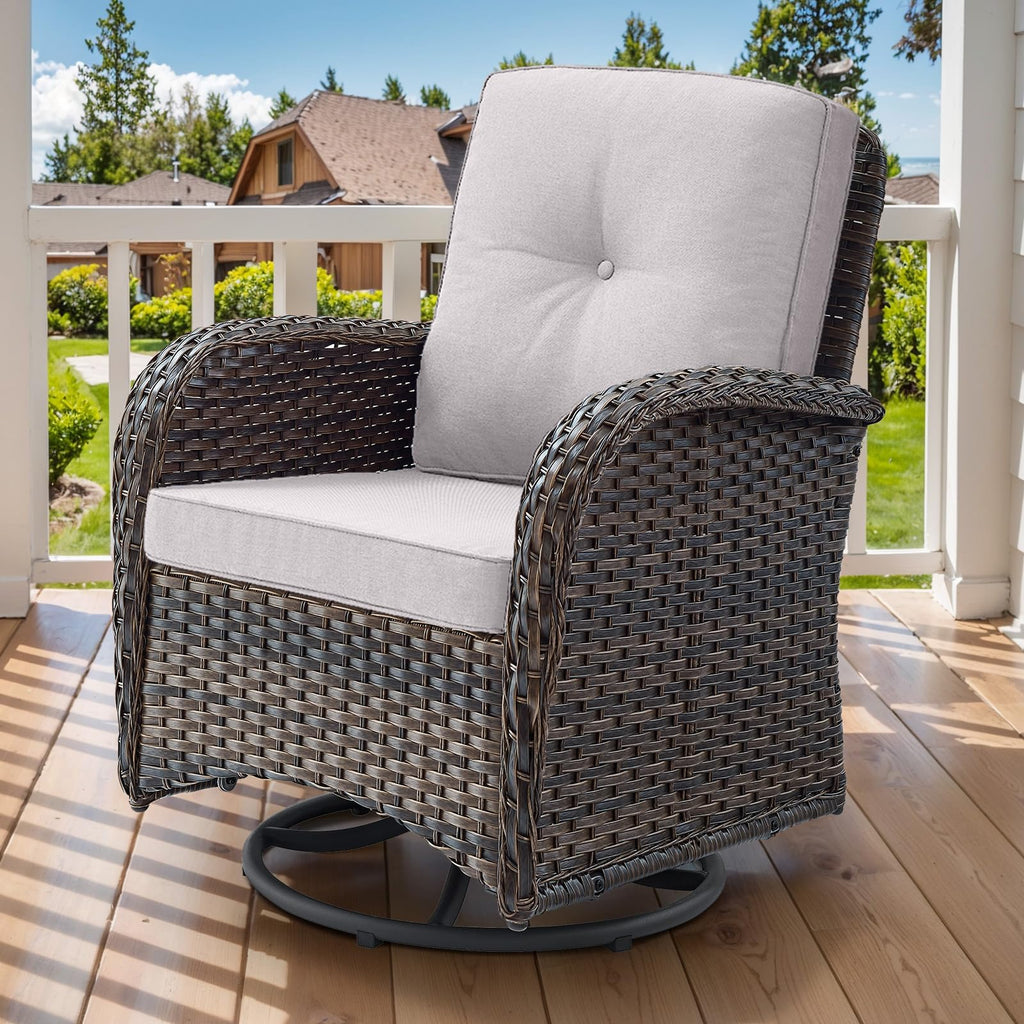 2 in 1 Porch Glider Swivel Chair - Wicker Patio Furniture Outdoor Swivel Rocker Chair with Thick Cushion, 300 Lb Weight Capacity Patio Swivel Glider Seating - Brown Wicker, Grey Cushion