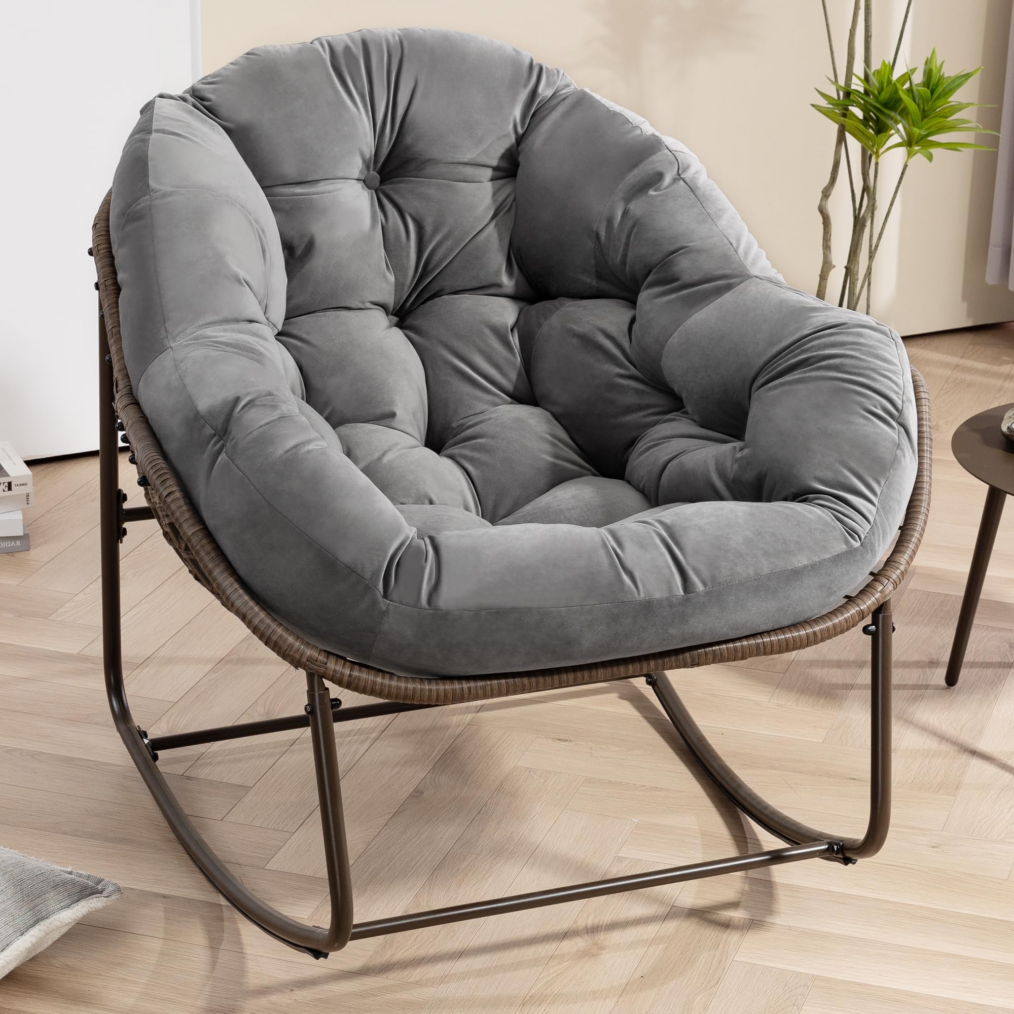 Oversized Papasan Rocking Chair - Outdoor Luxury Comfy Patio Chair, Indoor Egg Royal Rattan Rocking Chair with Strip Velvet Cushion for Front Porch Lounge Lawn Bedroom Living Room (Navy)