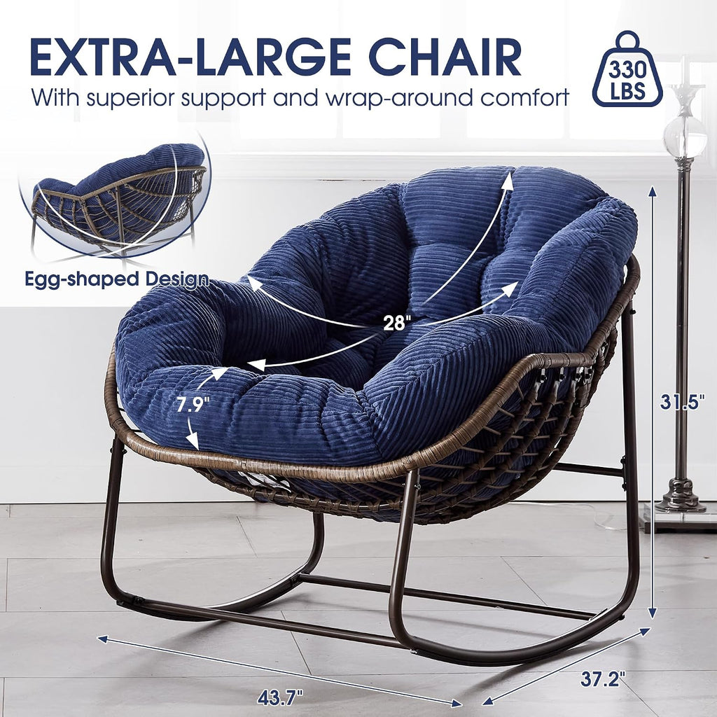 Oversized Papasan Rocking Chair - Outdoor Luxury Comfy Patio Chair, Indoor Egg Royal Rattan Rocking Chair with Strip Velvet Cushion for Front Porch Lounge Lawn Bedroom Living Room (Navy)