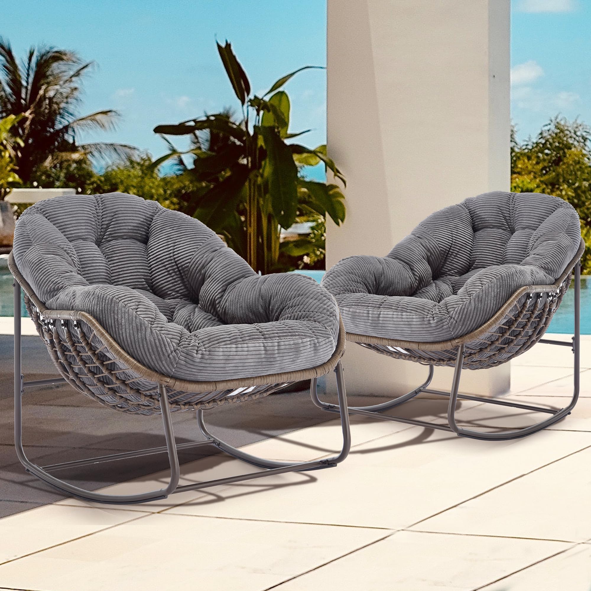 Oversized Papasan Rocking Chair - Outdoor Luxury Comfy Patio Chair, Indoor Egg Royal Rattan Rocking Chair with Strip Velvet Cushion for Front Porch Lounge Lawn Bedroom Living Room (Navy)
