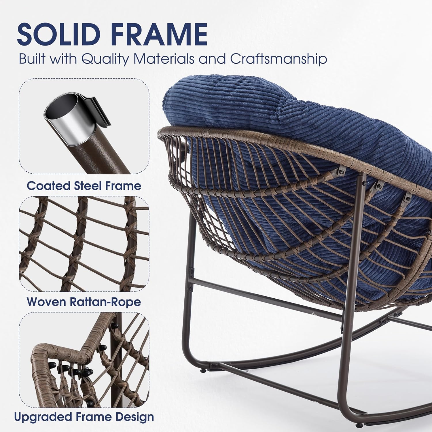 Oversized Papasan Rocking Chair - Outdoor Luxury Comfy Patio Chair, Indoor Egg Royal Rattan Rocking Chair with Strip Velvet Cushion for Front Porch Lounge Lawn Bedroom Living Room (Navy)