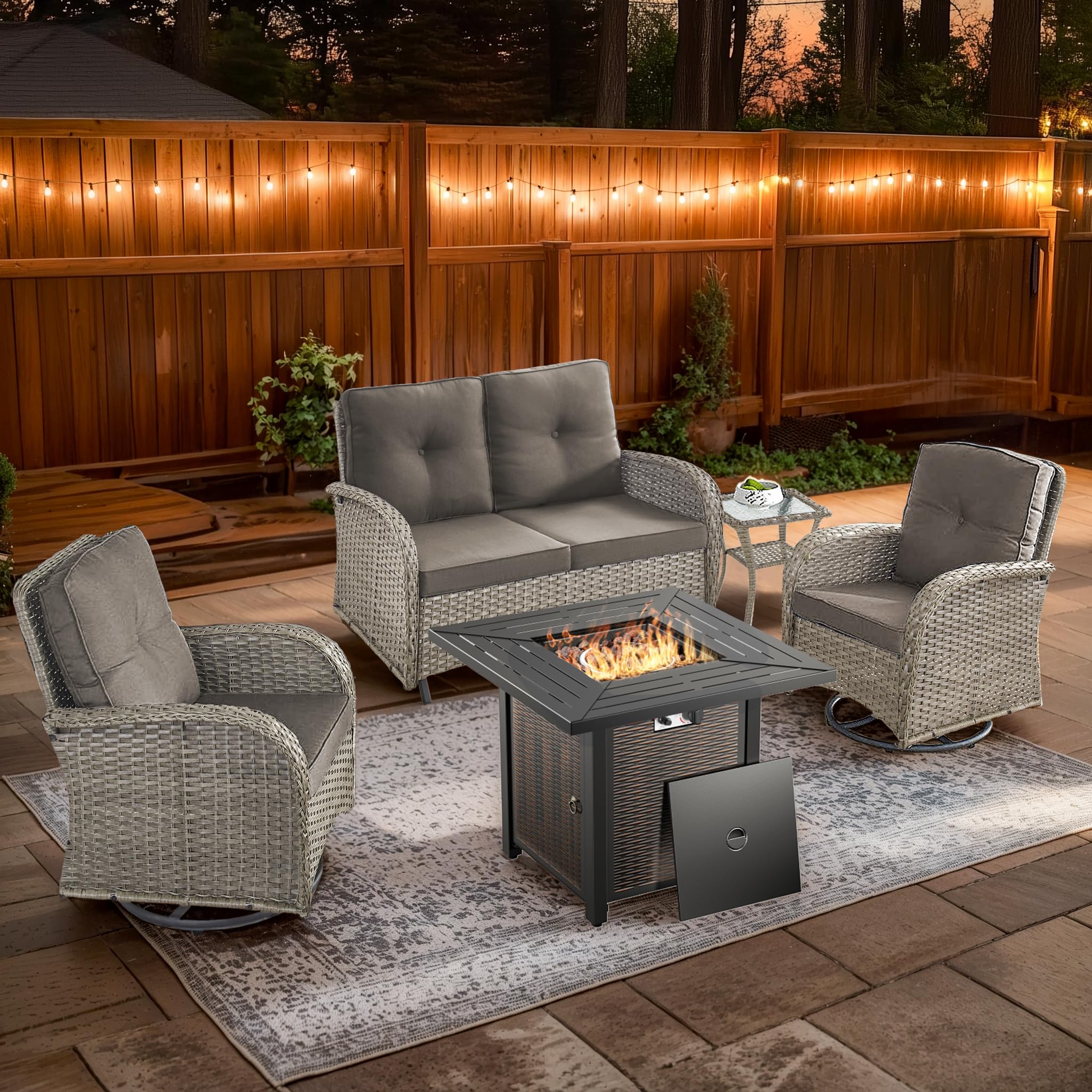 2 in 1 Porch Glider Swivel Chair - Wicker Patio Furniture Outdoor Swivel Rocker Chair with Thick Cushion, 300 Lb Weight Capacity Patio Swivel Glider Seating - Brown Wicker, Grey Cushion