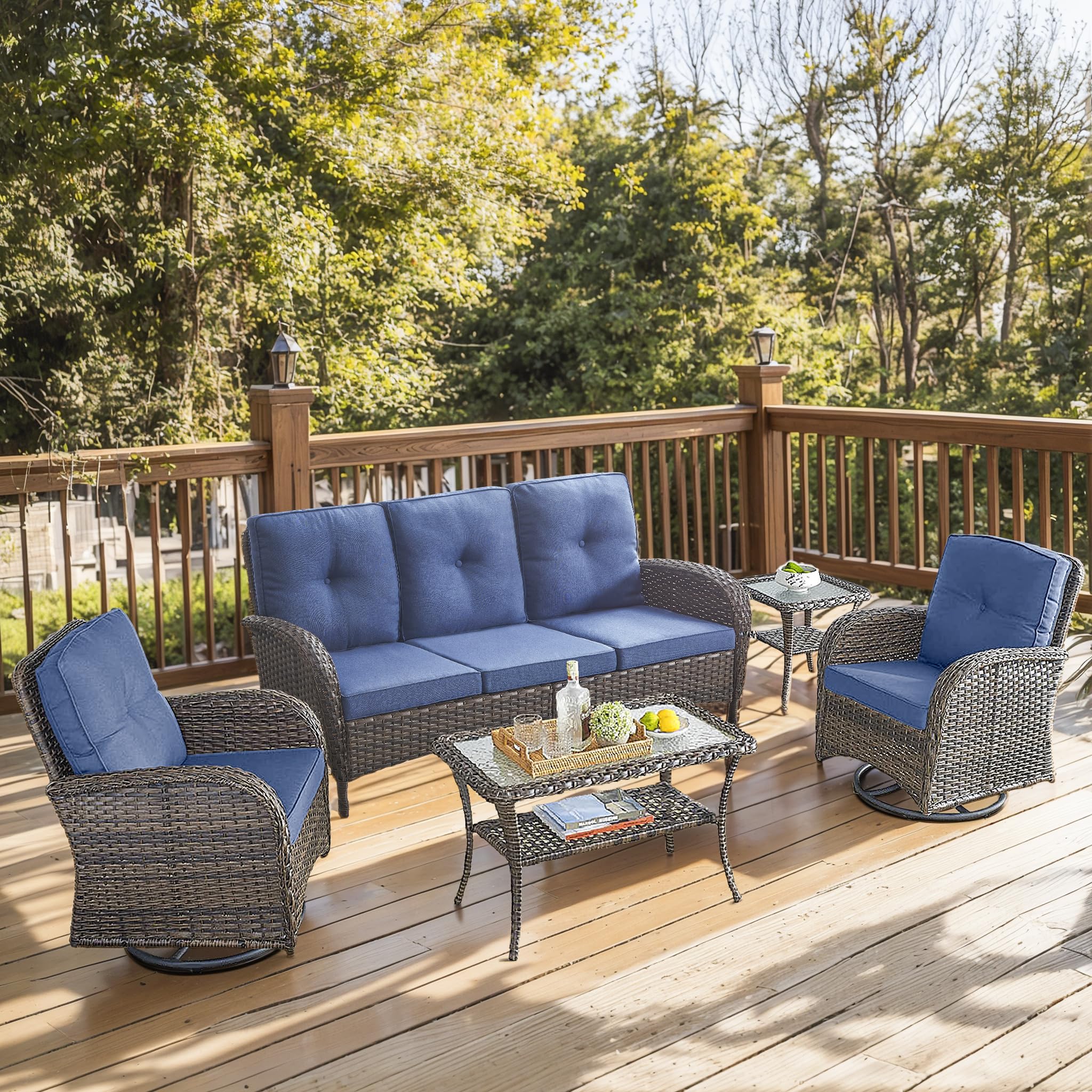2 in 1 Porch Glider Swivel Chair - Wicker Patio Furniture Outdoor Swivel Rocker Chair with Thick Cushion, 300 Lb Weight Capacity Patio Swivel Glider Seating - Brown Wicker, Grey Cushion
