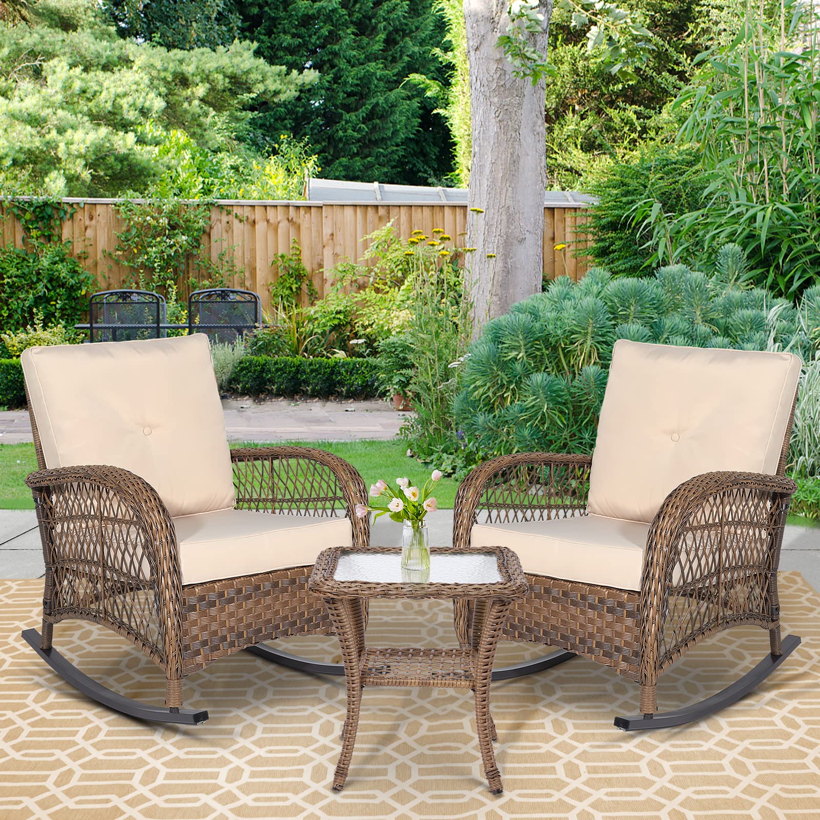 Outdoor Wicker Oversized Rocking Chair, All Weather- Resistant Patio Rocking Chair for Garden Lawn, Patio Wicker Furniture Seat with 4” Thick Cushion, Orange