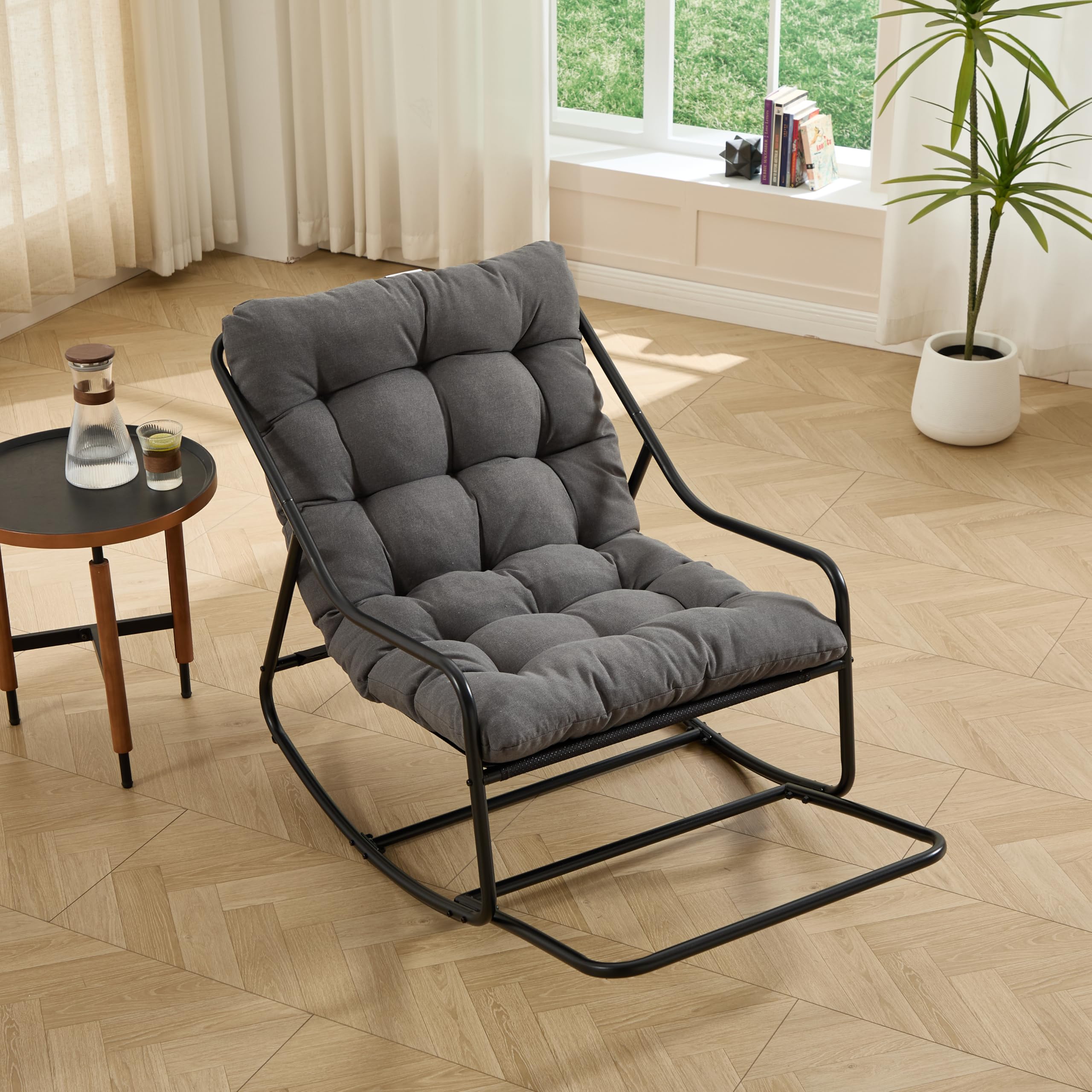 Minimalist Patio Rocking Single Couch, Metal Frame with Thick Cushion