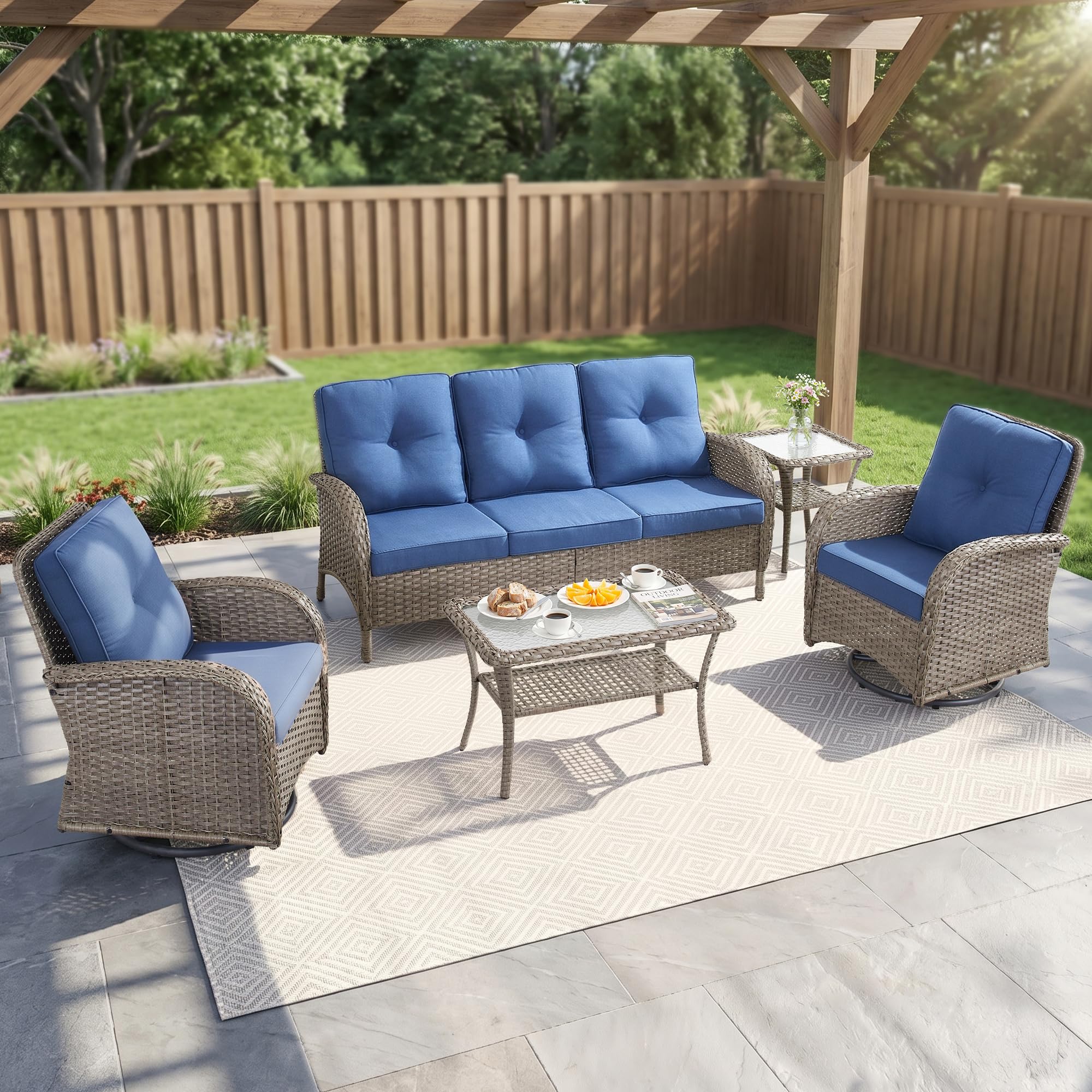2 in 1 Porch Glider Swivel Chair - Wicker Patio Furniture Outdoor Swivel Rocker Chair with Thick Cushion, 300 Lb Weight Capacity Patio Swivel Glider Seating - Brown Wicker, Grey Cushion