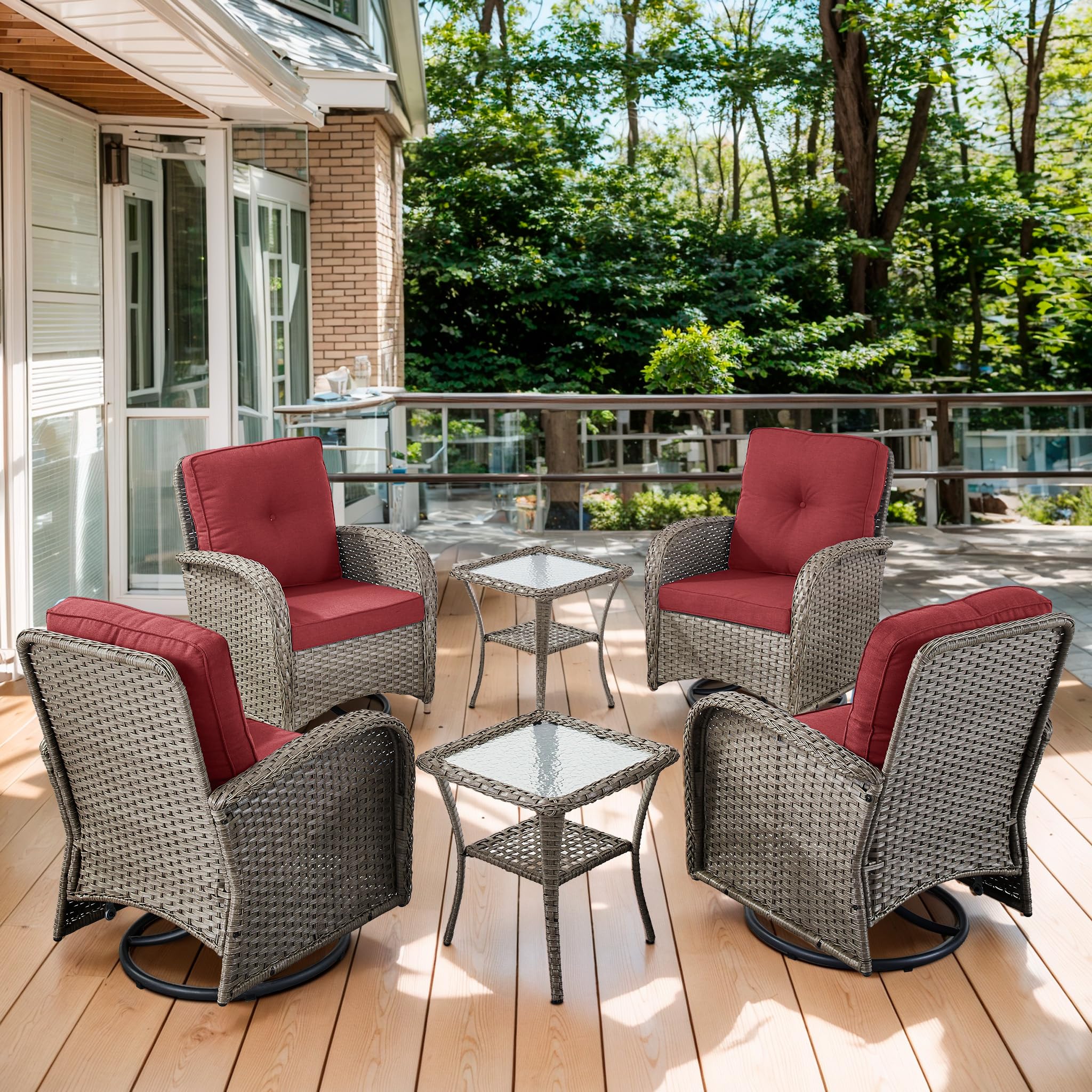 2 in 1 Porch Glider Swivel Chair - Wicker Patio Furniture Outdoor Swivel Rocker Chair with Thick Cushion, 300 Lb Weight Capacity Patio Swivel Glider Seating - Brown Wicker, Grey Cushion