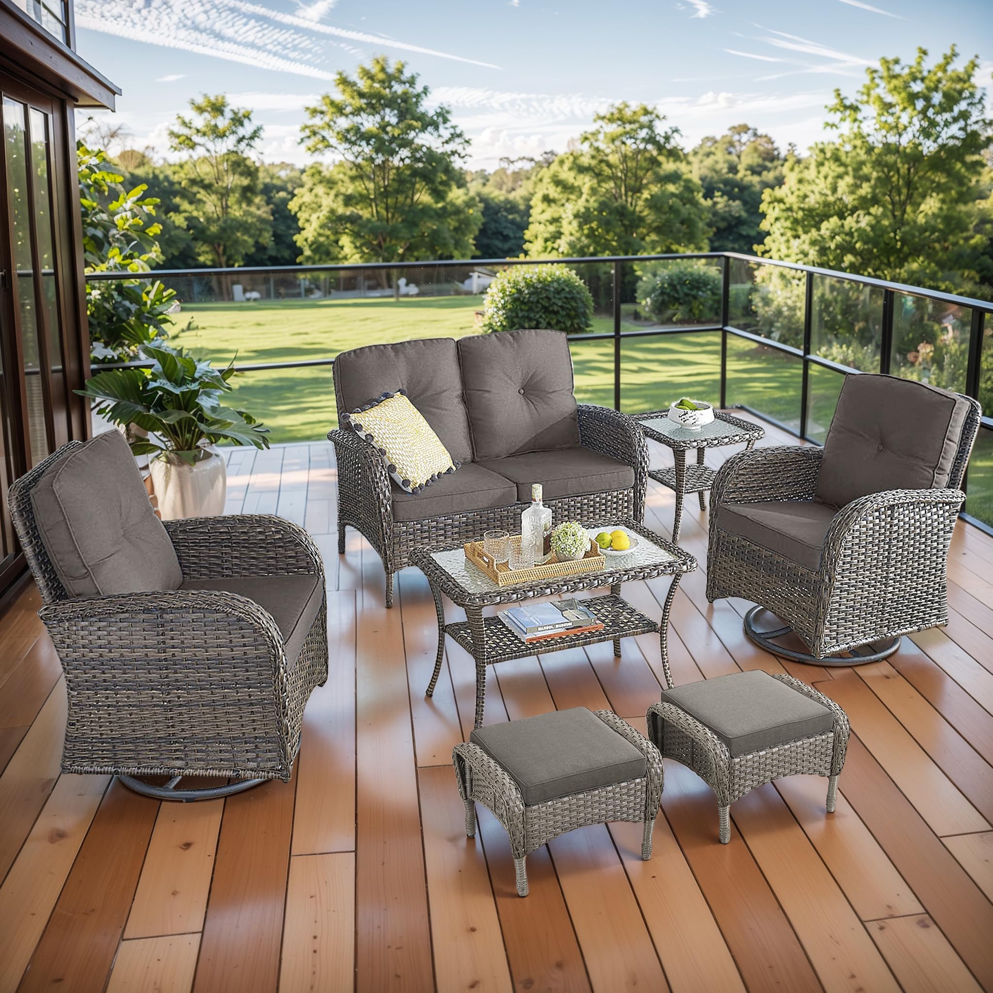 2 in 1 Porch Glider Swivel Chair - Wicker Patio Furniture Outdoor Swivel Rocker Chair with Thick Cushion, 300 Lb Weight Capacity Patio Swivel Glider Seating - Brown Wicker, Grey Cushion