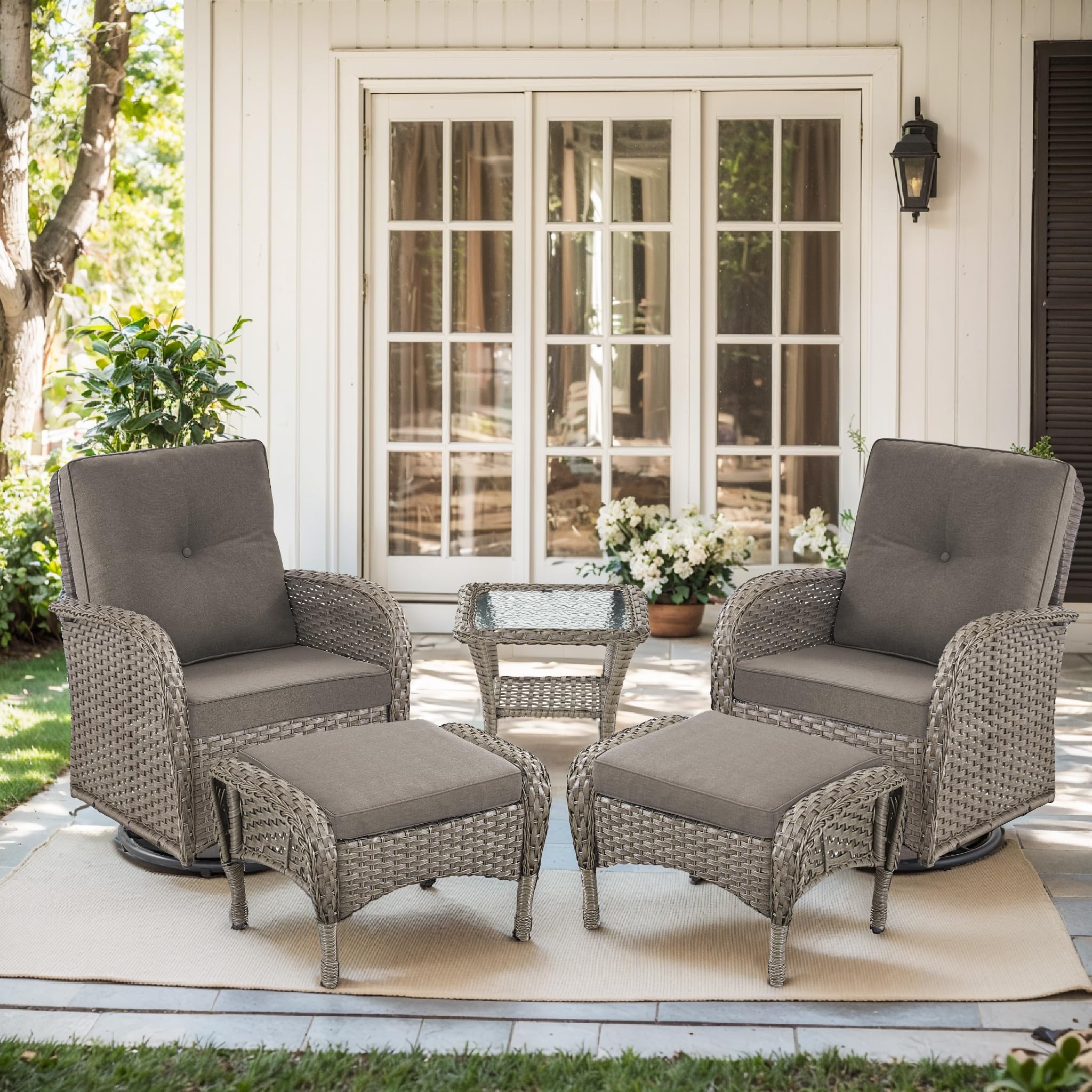 2 in 1 Porch Glider Swivel Chair - Wicker Patio Furniture Outdoor Swivel Rocker Chair with Thick Cushion, 300 Lb Weight Capacity Patio Swivel Glider Seating - Brown Wicker, Grey Cushion