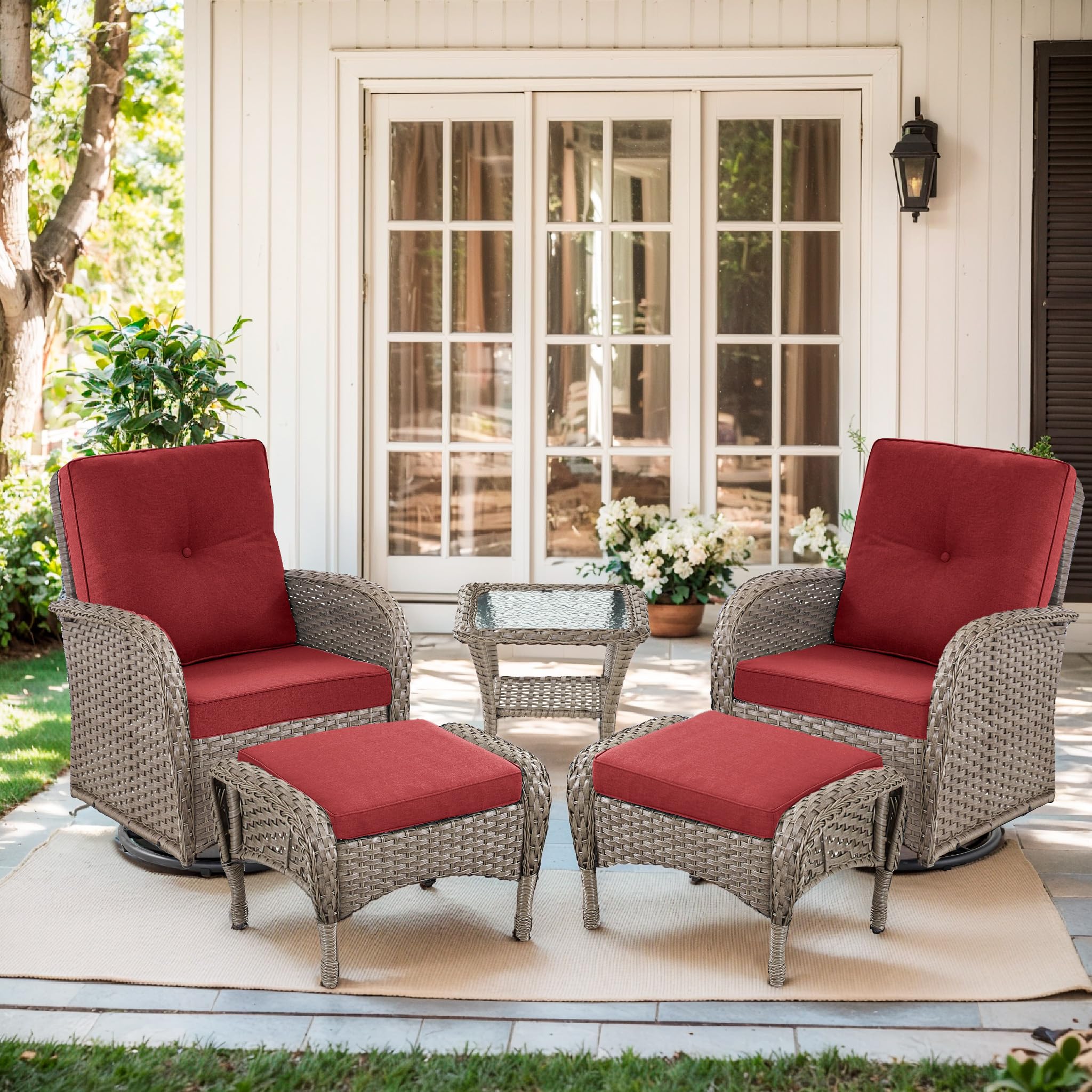 2 in 1 Porch Glider Swivel Chair - Wicker Patio Furniture Outdoor Swivel Rocker Chair with Thick Cushion, 300 Lb Weight Capacity Patio Swivel Glider Seating - Brown Wicker, Grey Cushion