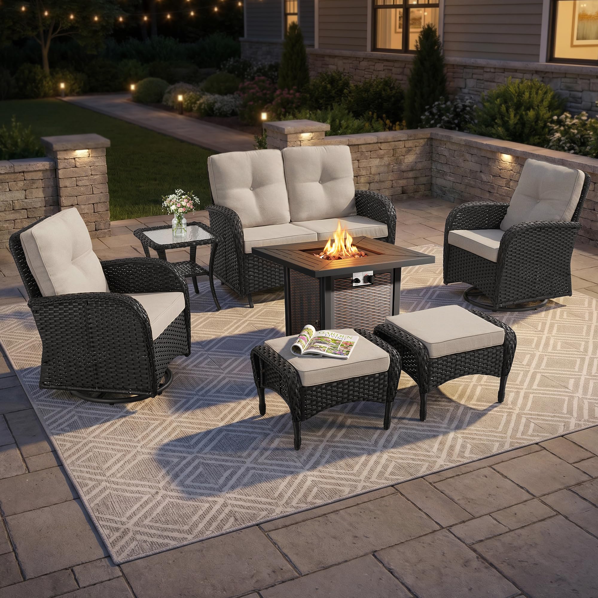 2 in 1 Porch Glider Swivel Chair - Wicker Patio Furniture Outdoor Swivel Rocker Chair with Thick Cushion, 300 Lb Weight Capacity Patio Swivel Glider Seating - Brown Wicker, Grey Cushion