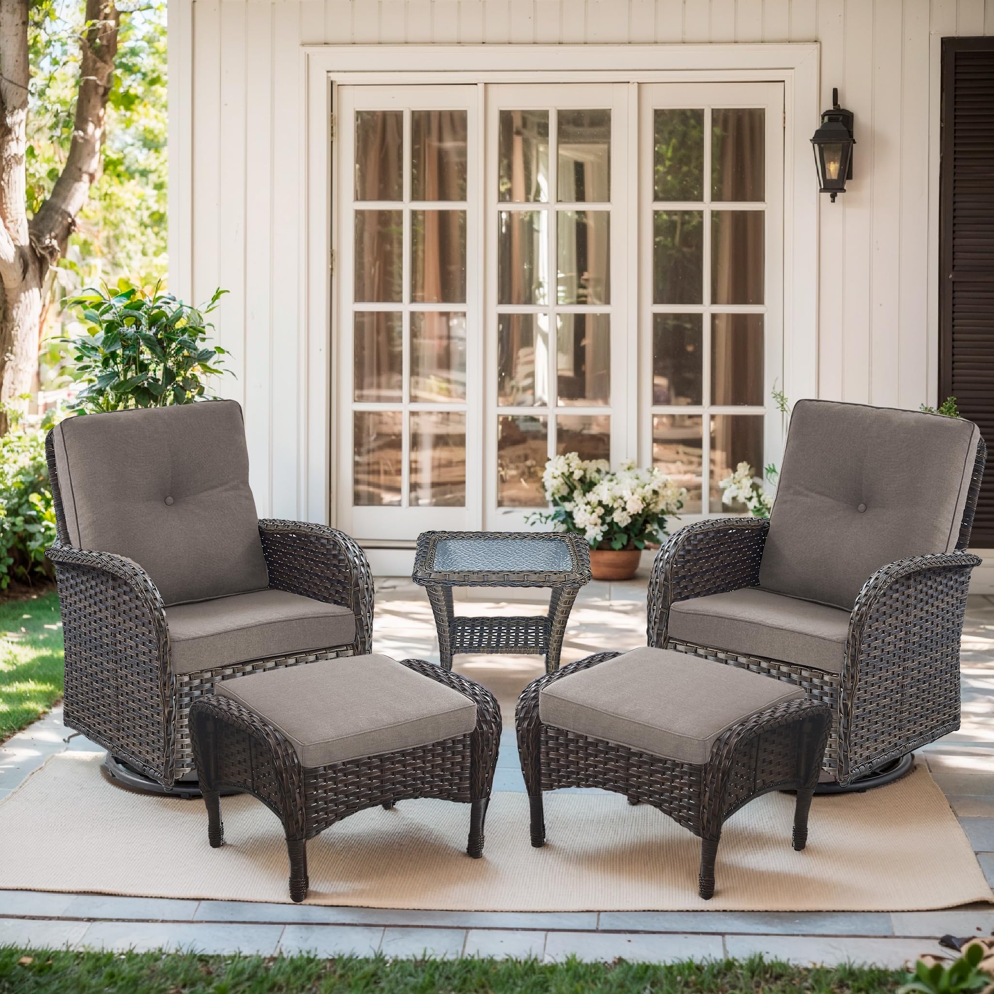 2 in 1 Porch Glider Swivel Chair - Wicker Patio Furniture Outdoor Swivel Rocker Chair with Thick Cushion, 300 Lb Weight Capacity Patio Swivel Glider Seating - Brown Wicker, Grey Cushion