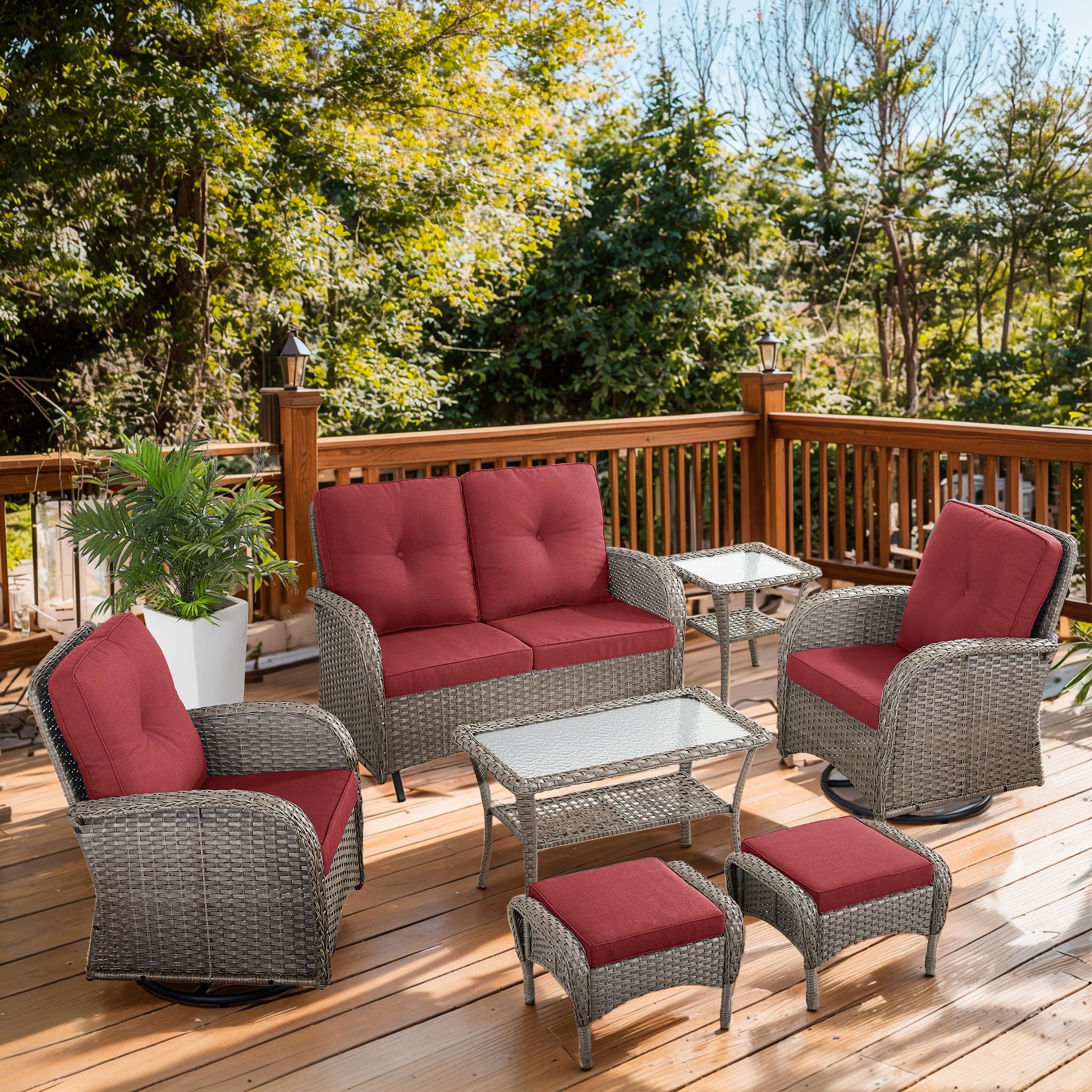 2 in 1 Porch Glider Swivel Chair - Wicker Patio Furniture Outdoor Swivel Rocker Chair with Thick Cushion, 300 Lb Weight Capacity Patio Swivel Glider Seating - Brown Wicker, Grey Cushion