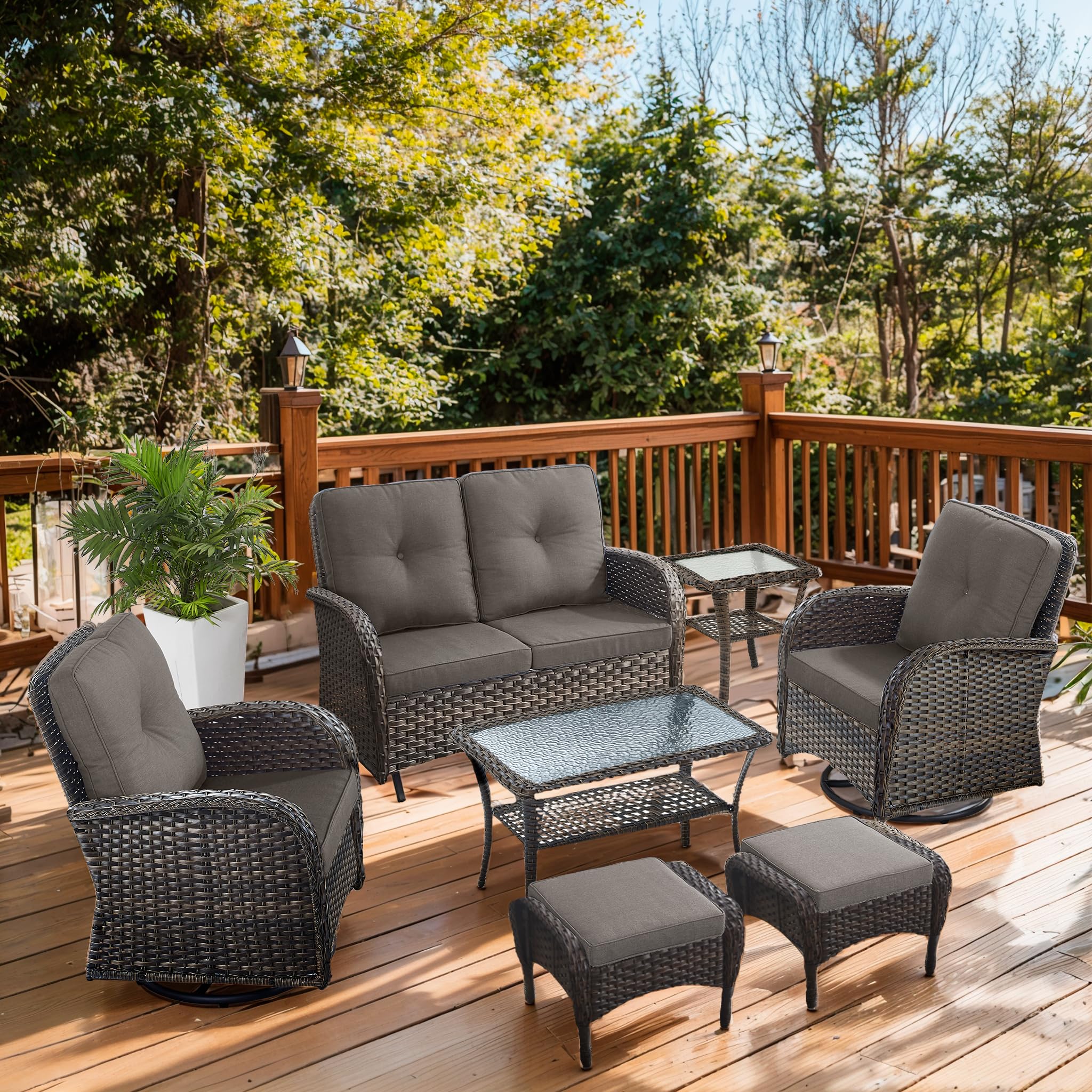 2 in 1 Porch Glider Swivel Chair - Wicker Patio Furniture Outdoor Swivel Rocker Chair with Thick Cushion, 300 Lb Weight Capacity Patio Swivel Glider Seating - Brown Wicker, Grey Cushion
