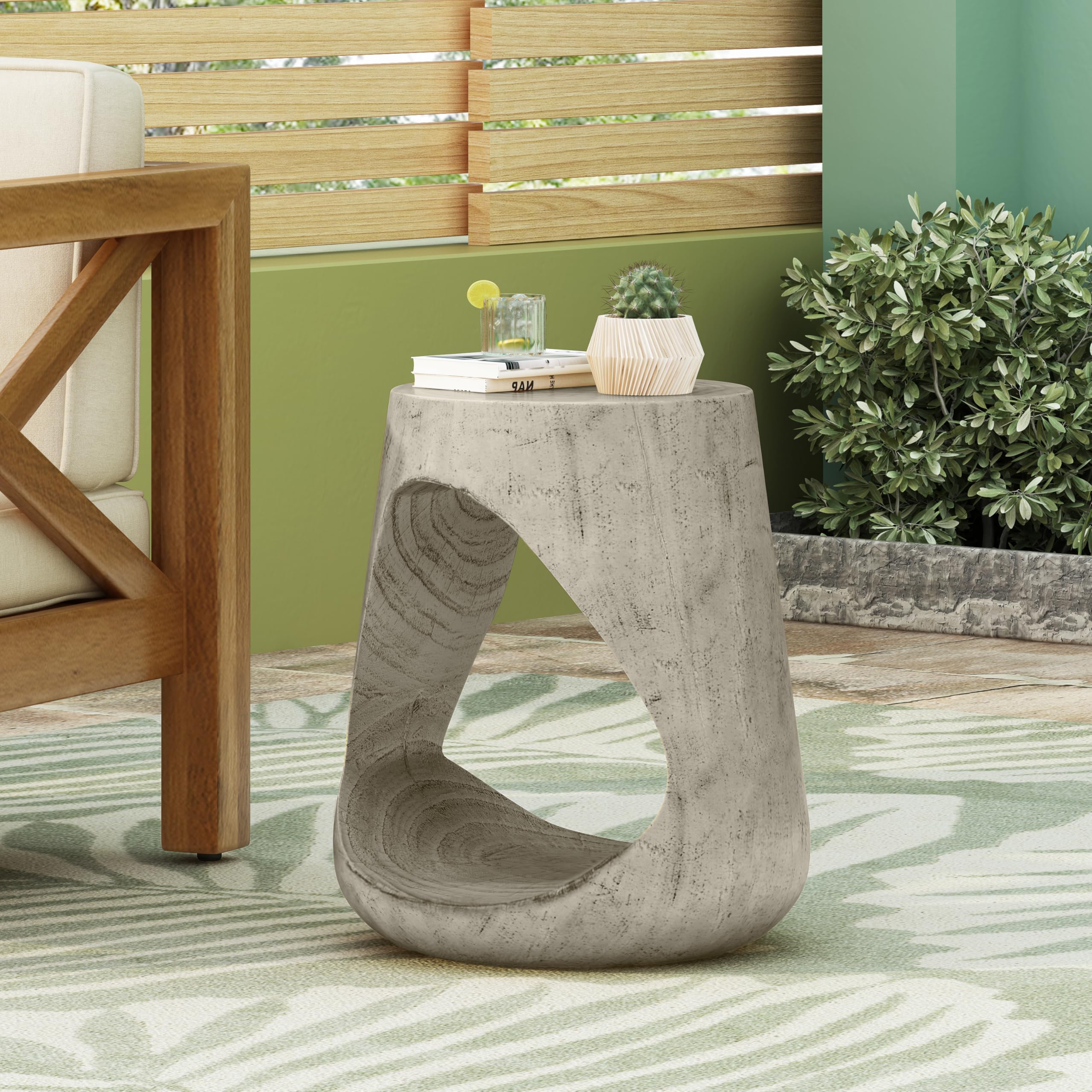 Christopher Knight Home Novi 26.57"H Lightweight Concrete Outdoor Side Table, Hollow Round-shaped Patio End Table, MGO Outdoor Coffee Table, Garden Plant Stand Indoor, Wood-Like Texture, Antique Brown