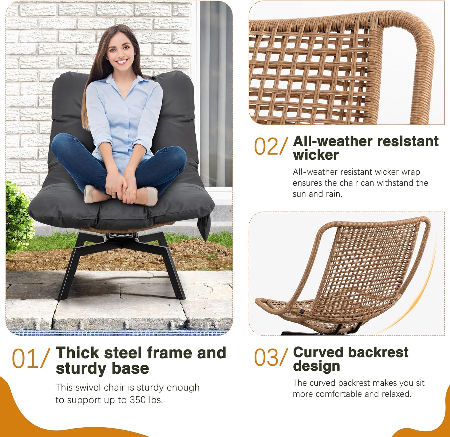Shintenchi Outdoor Wicker Swivel Chair,Nature Rattan Patio Rotating Chair with Cushion,360° Rotation Patio Lounge Chairs for Living Room Bedroom Backyard Balcony(Grey Cushion)