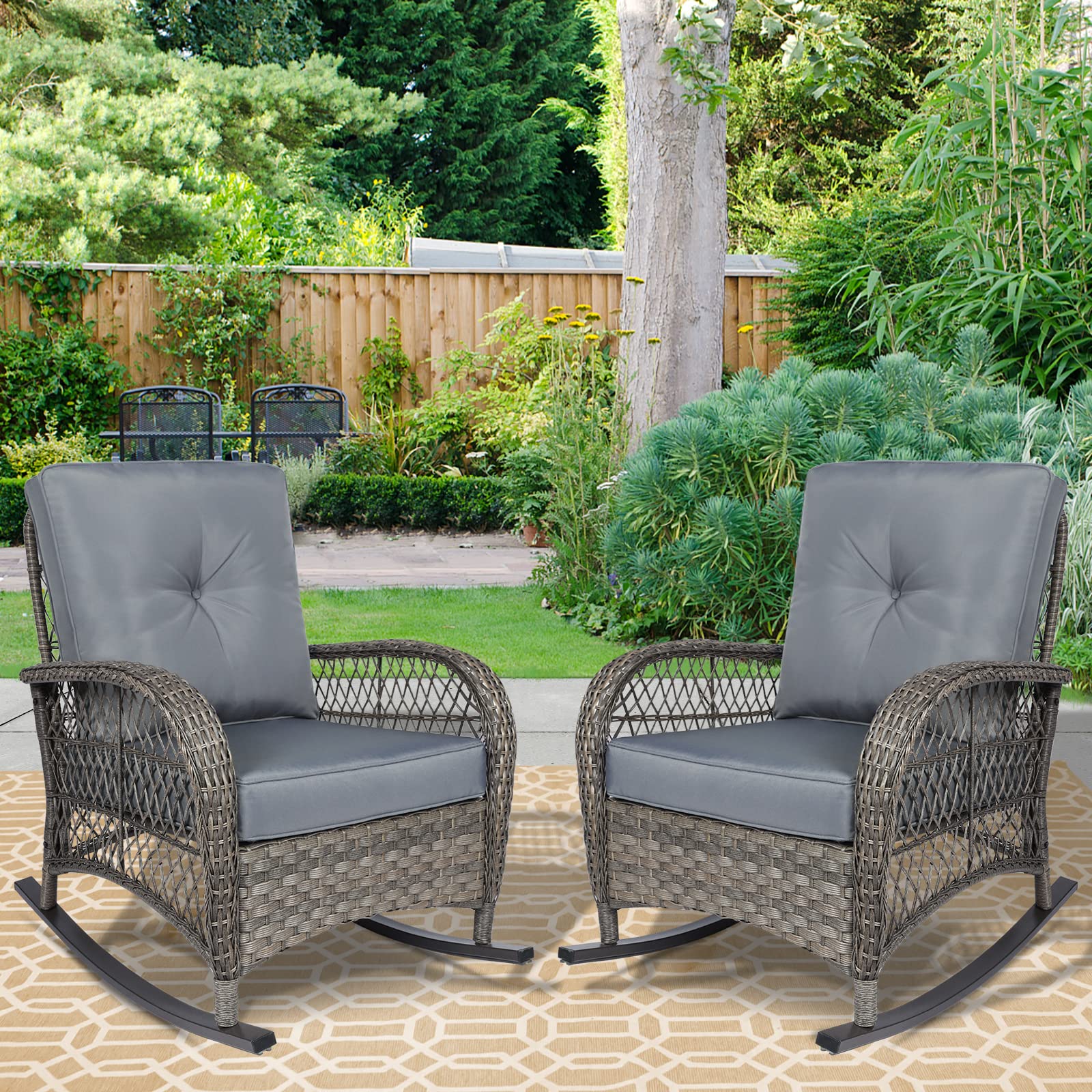 Outdoor Wicker Oversized Rocking Chair, All Weather- Resistant Patio Rocking Chair for Garden Lawn, Patio Wicker Furniture Seat with 4” Thick Cushion, Orange
