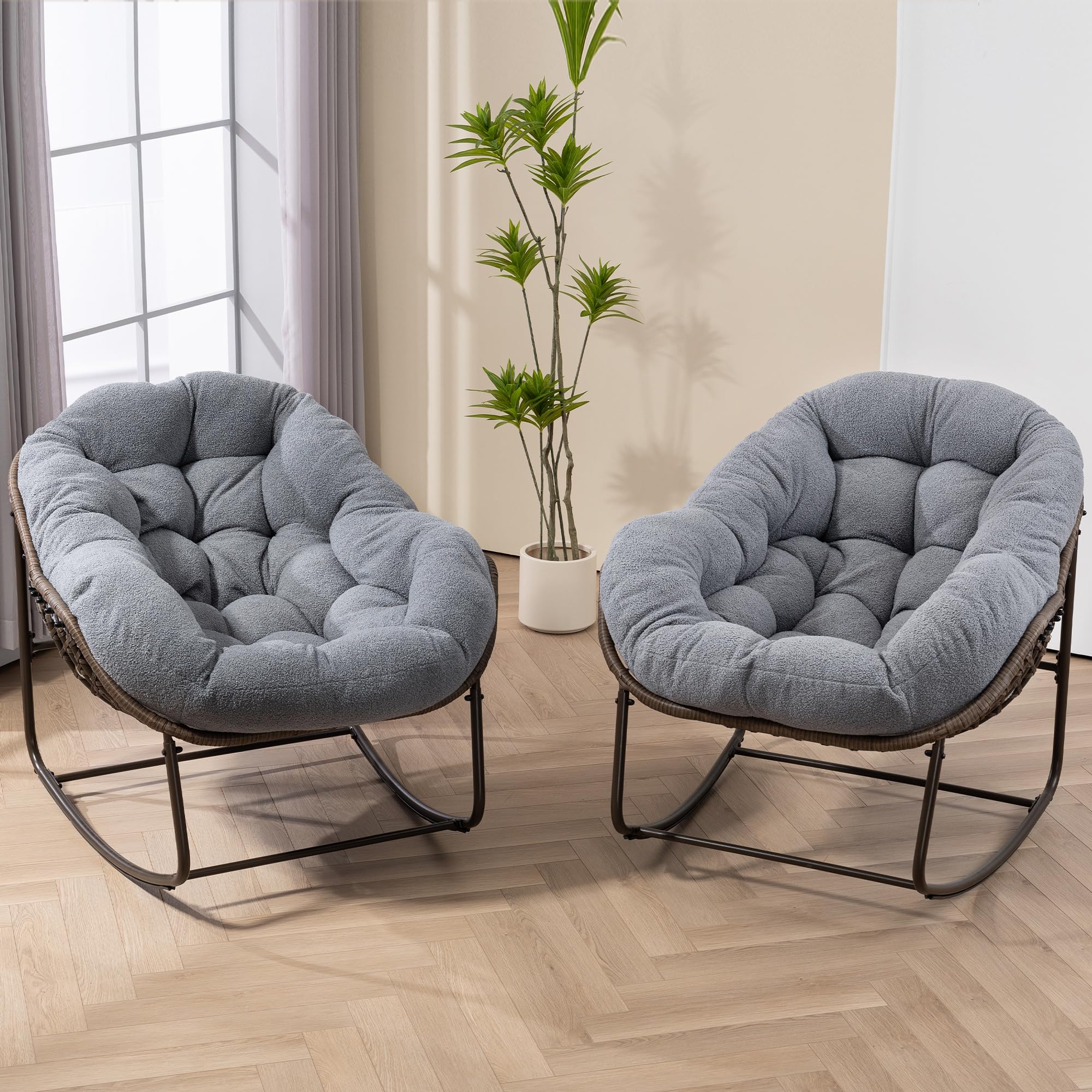 Oversized Papasan Rocking Chair - Outdoor Luxury Comfy Patio Chair, Indoor Egg Royal Rattan Rocking Chair with Strip Velvet Cushion for Front Porch Lounge Lawn Bedroom Living Room (Navy)